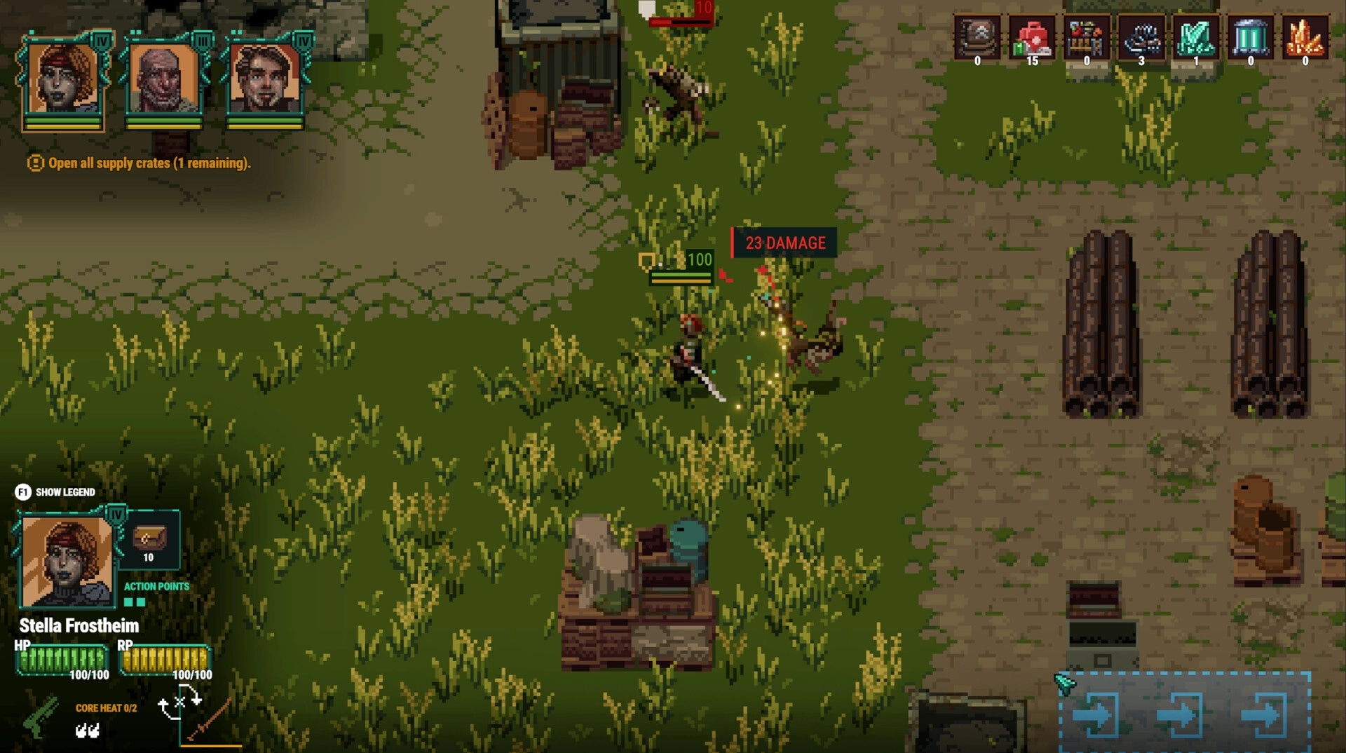 Shardpunk 2: Stella Frostheim slashes an enemy for 23 damage in grassy ruins with tactical UI panels.