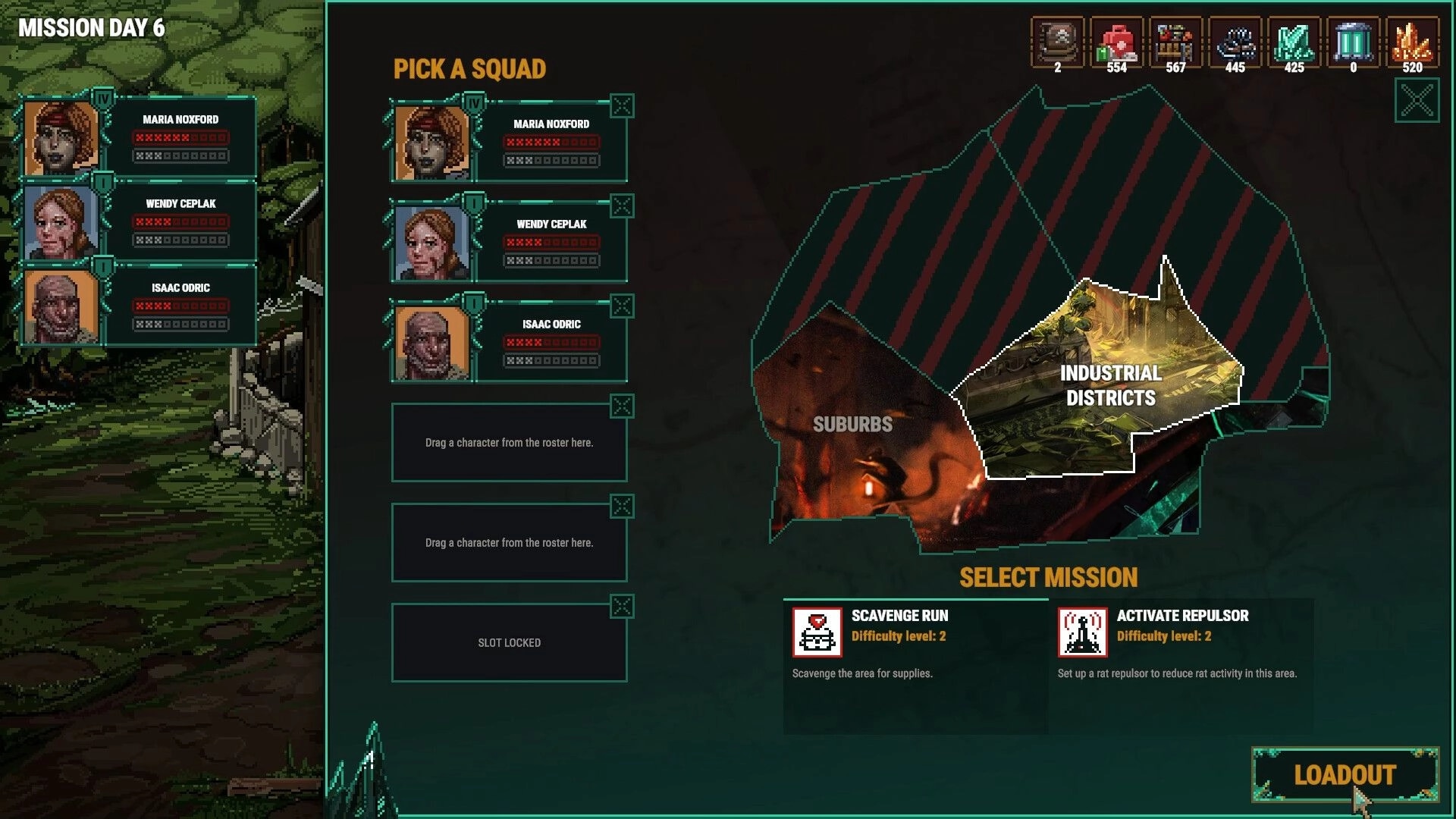 Shardpunk 2: Squad selection menu with Maria, Wendy and Isaac on a city map mission screen.