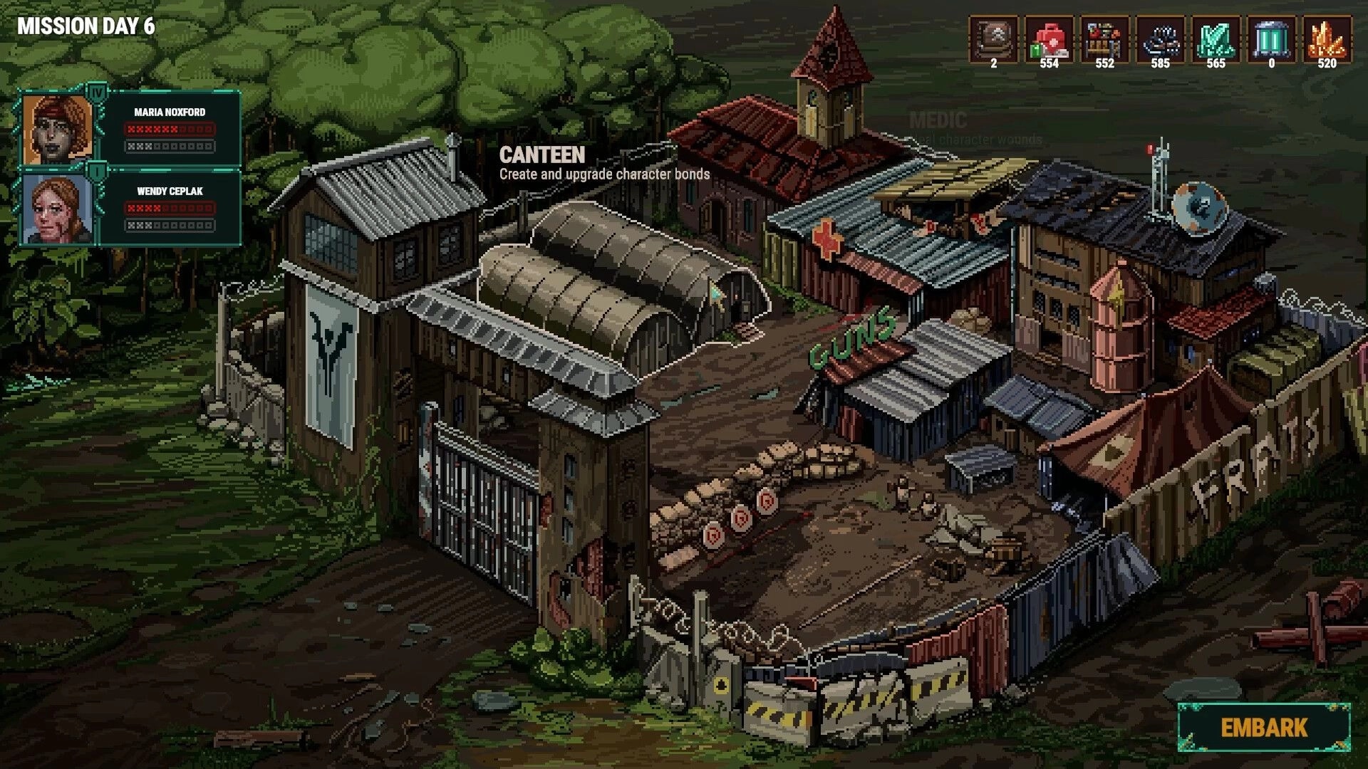 Shardpunk 2: Outpost canteen management screen with crew portraits and resources in fenced camp.