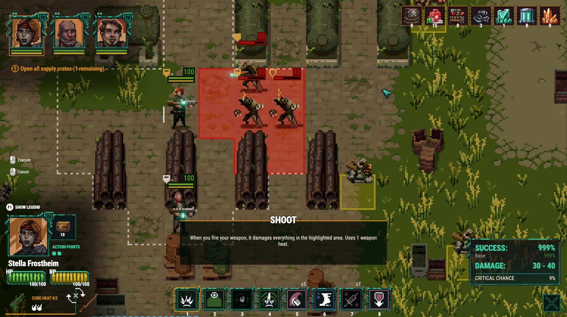 Shardpunk 2: Stella Frostheim aims a shoot cone at three mutants in a ruined courtyard grid map.
