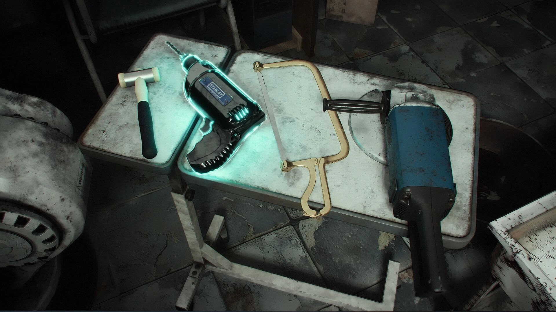 Shark Dentist: Dental tools on a grimy clinic table, including a glowing drill, saw, and mallet.