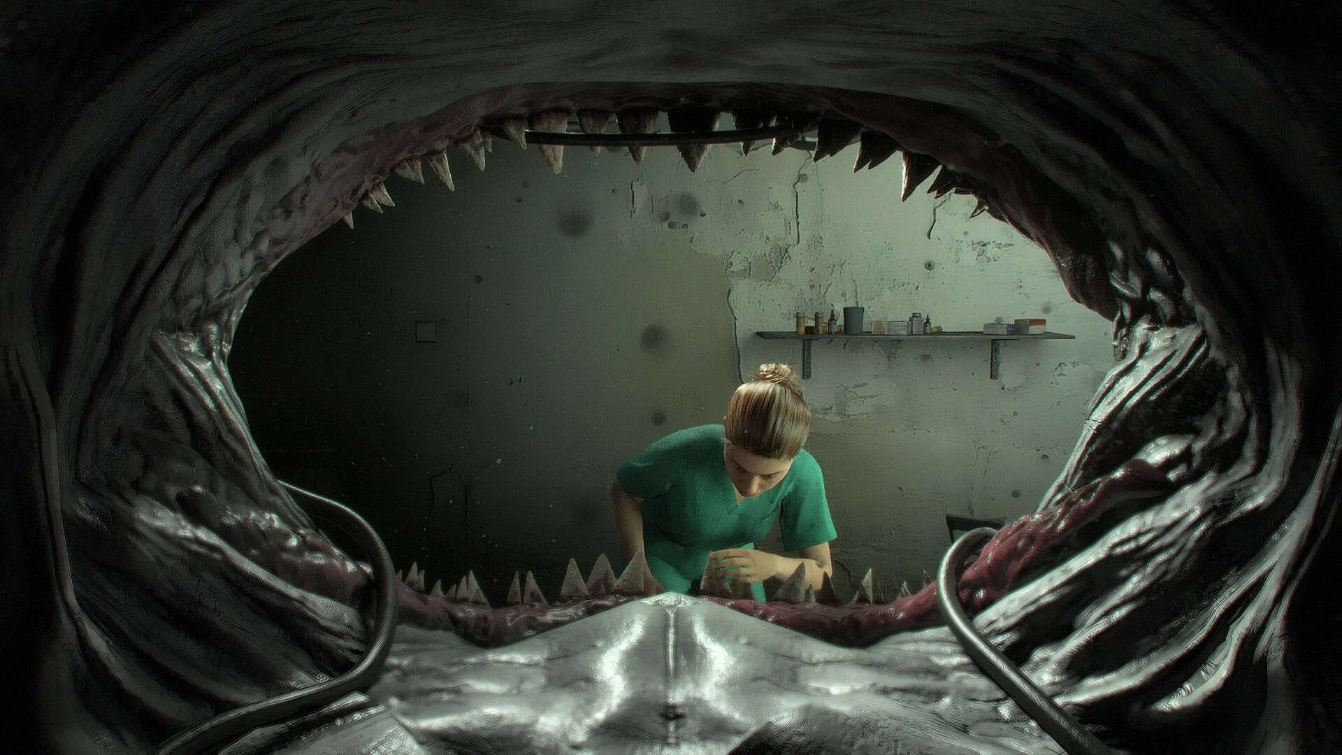 Shark Dentist: Dentist examines shark's teeth in dimly lit clinic, surrounded by sharp, menacing jaws.