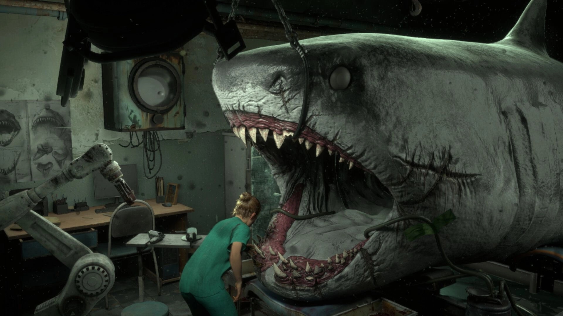 Shark Dentist: Dentist examines massive shark's teeth in dark, cluttered clinic with dental equipment.