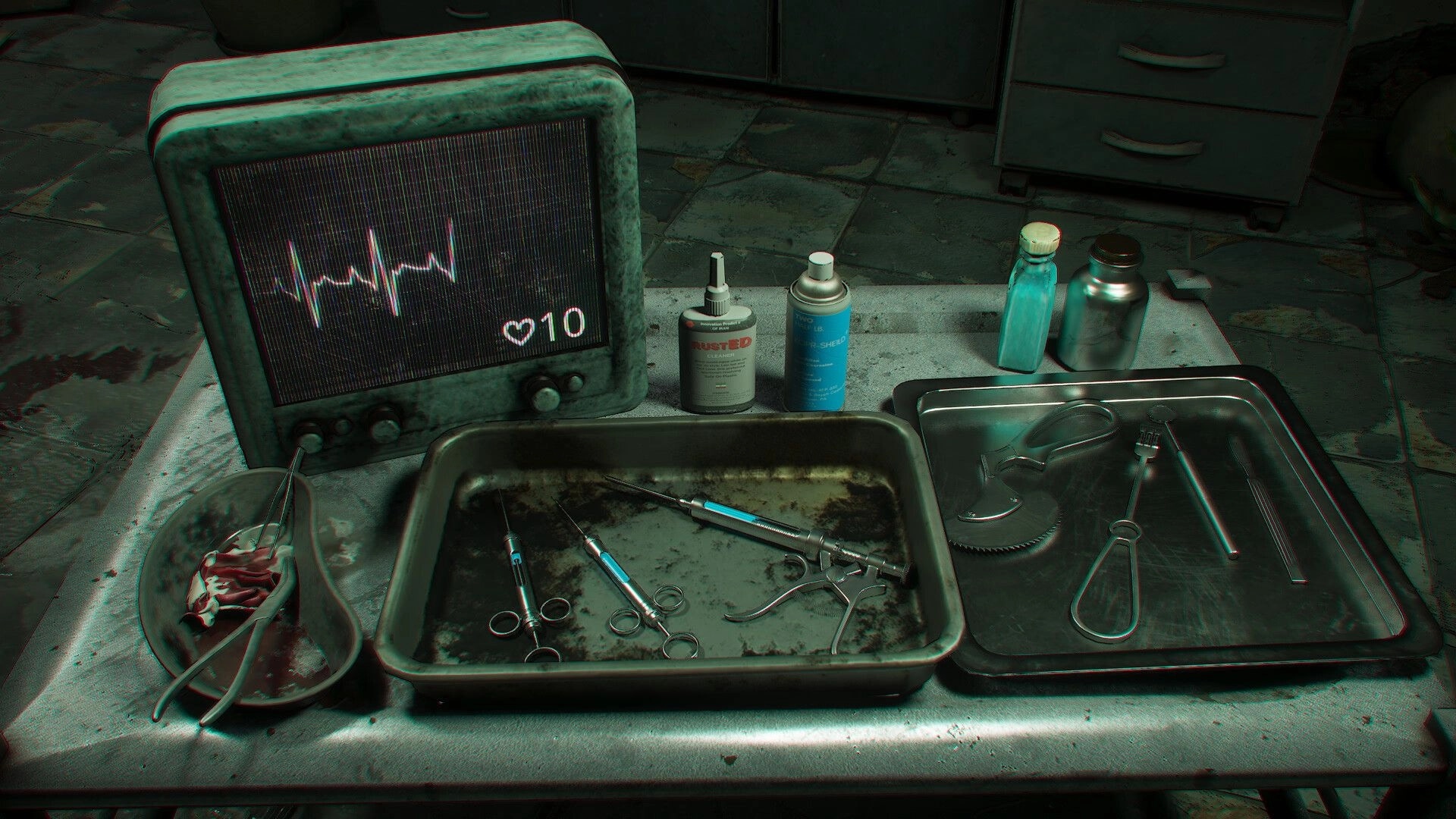 Shark Dentist: Surgical tools and heart monitor in dimly lit clinic setting