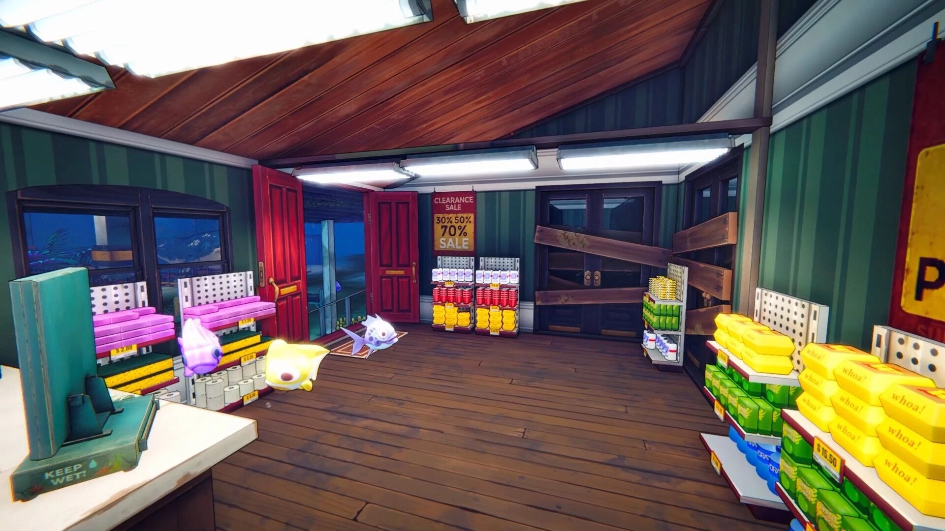 Shark Mart: Three fish float by stocked shelves and a clearance sale sign inside a wooden shop aisle.