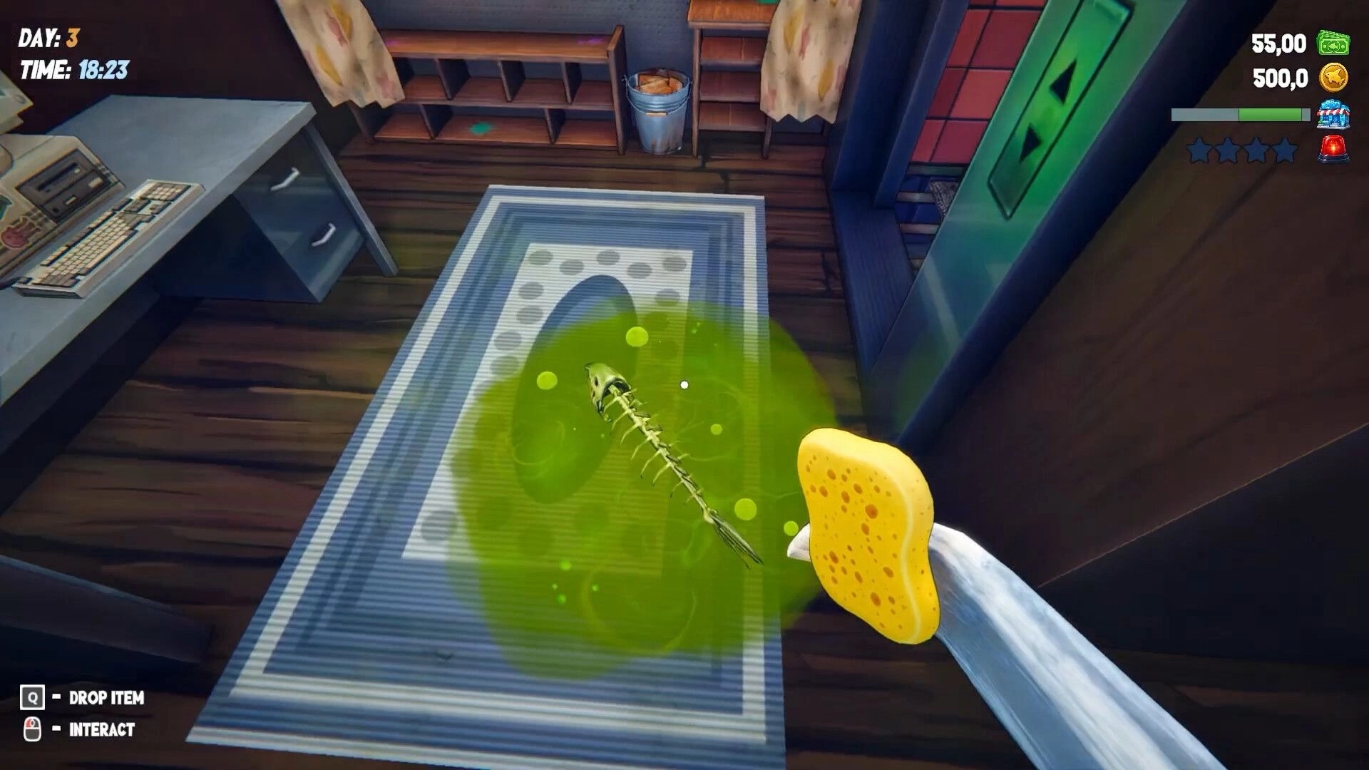 Shark Mart: Scrubbing green slime and fish skeleton on rug in back room with day and cash UI.
