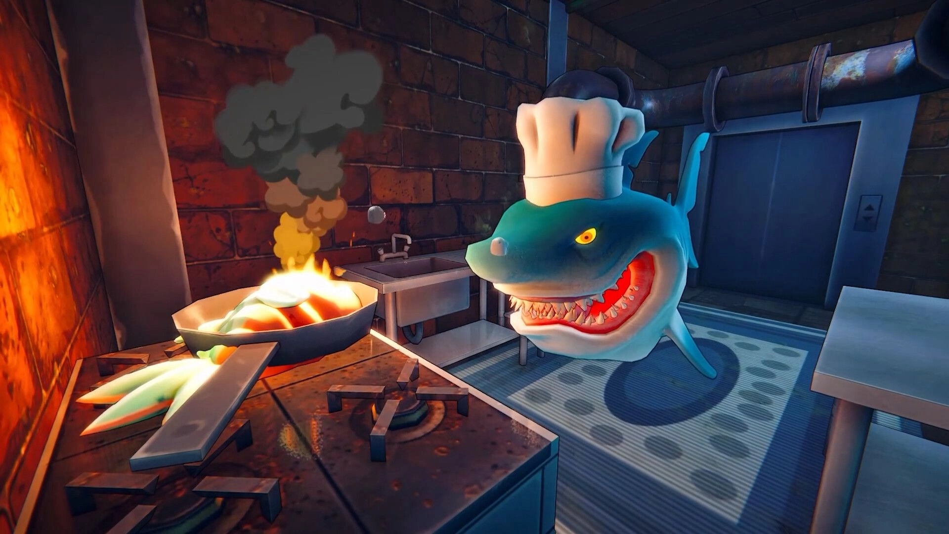 Shark Mart: Chef-hat shark grins by a flaming pan in a grimy kitchen with sink and elevator door.