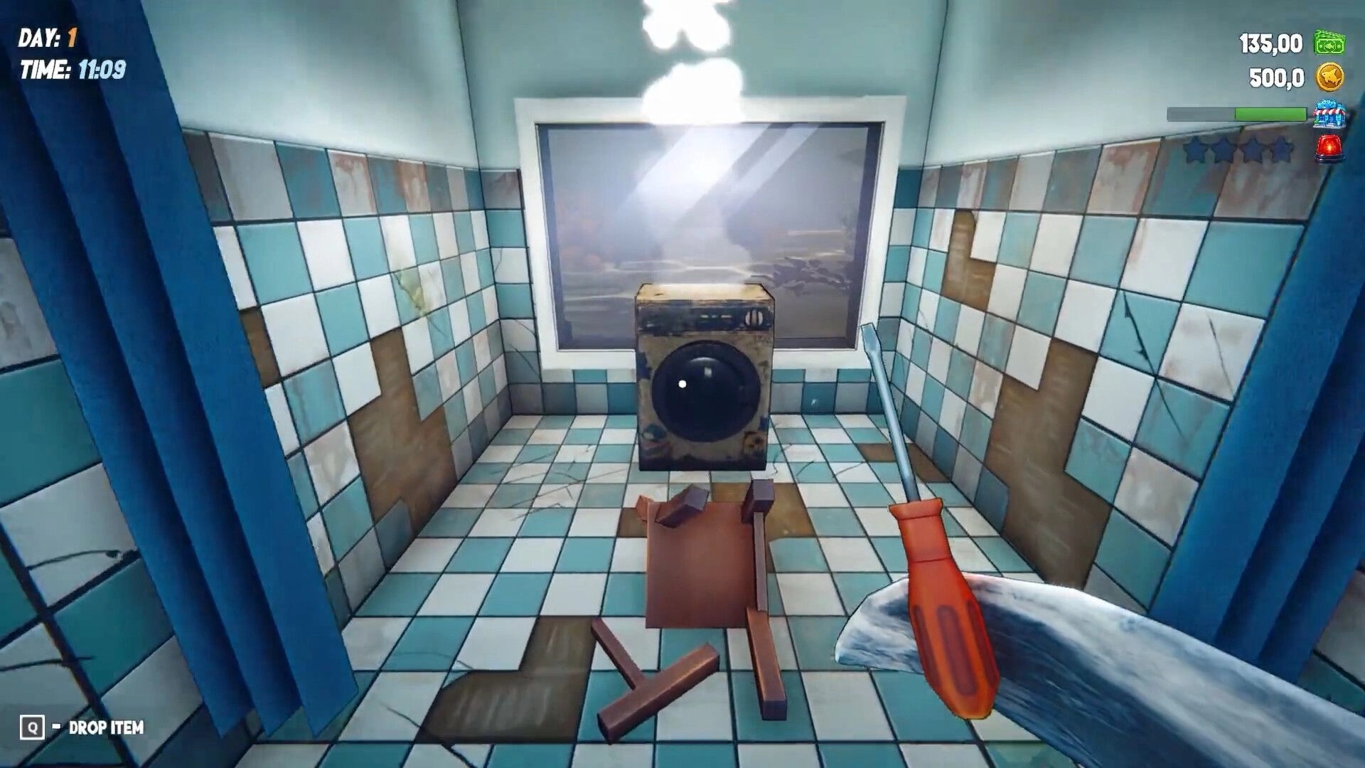 Shark Mart: First-person view holding screwdriver in tiled laundry room facing washing machine UI HUD.