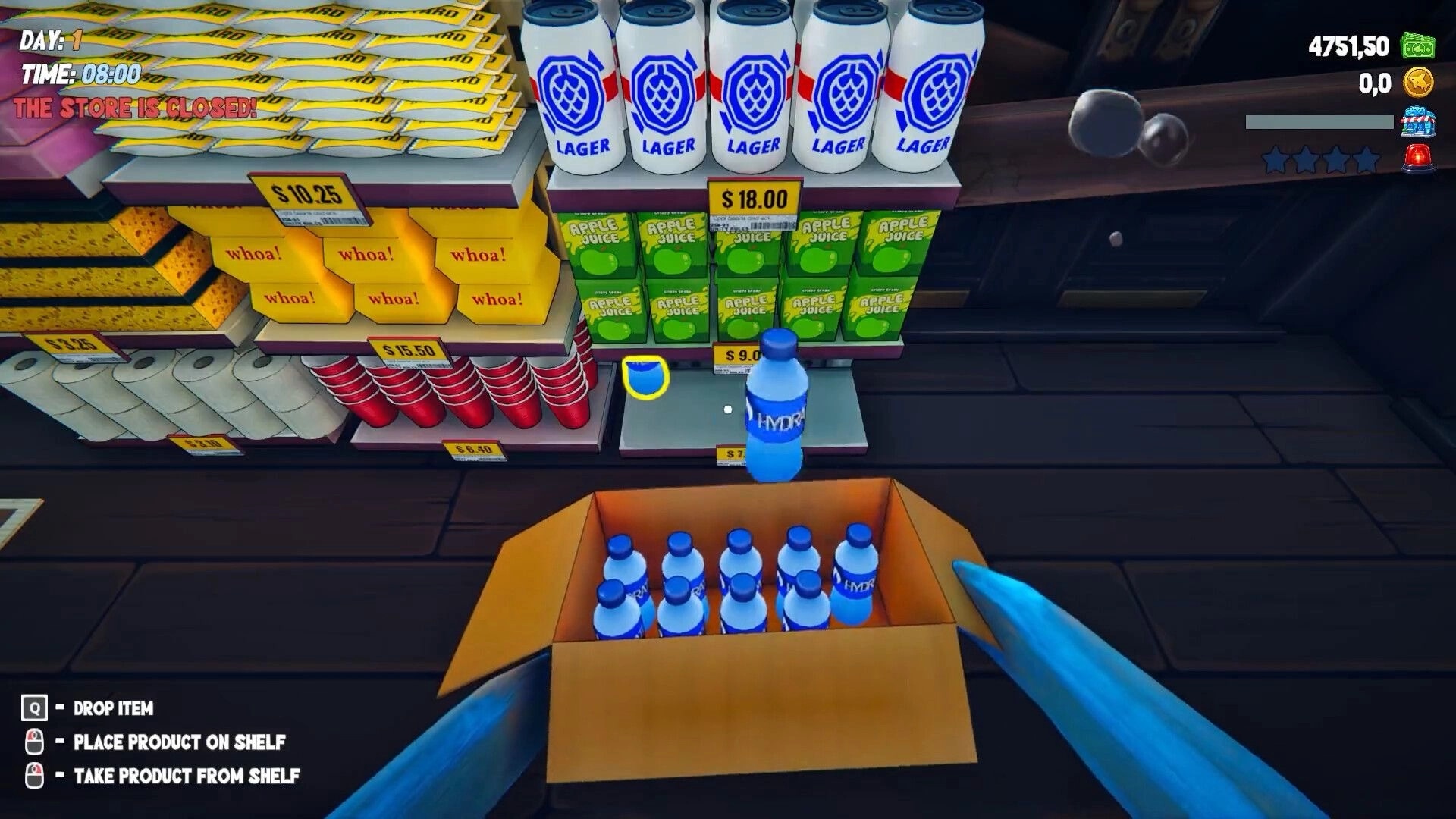 Shark Mart: Stocking water bottles from a box onto drink shelves in a closed store aisle UI.