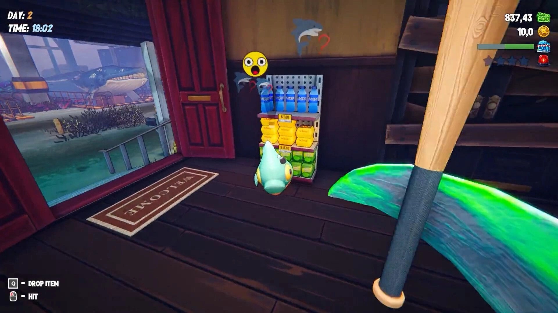 Shark Mart: Player holds a glowing axe by the door, restocking bottles on a shop shelf indoors.