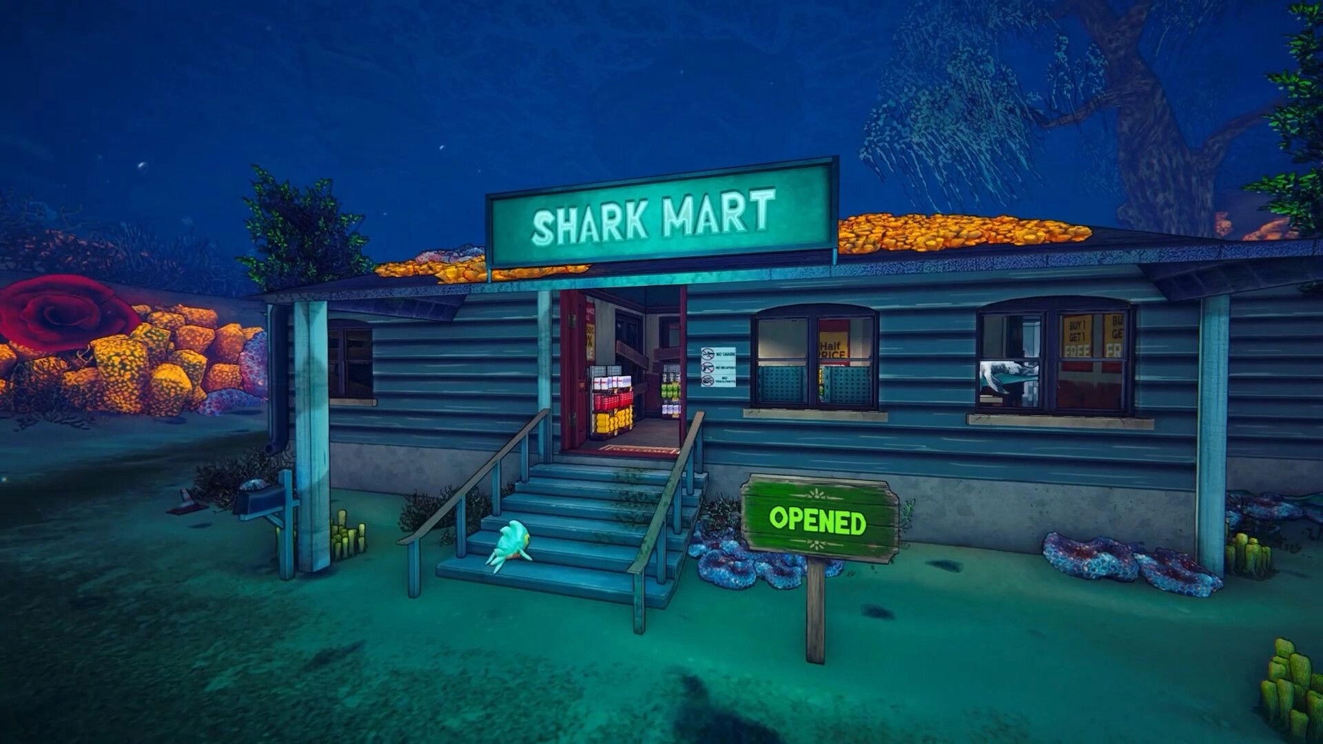 Shark Mart: Exterior storefront with OPENED sign and lit entrance in an underwater reef setting.