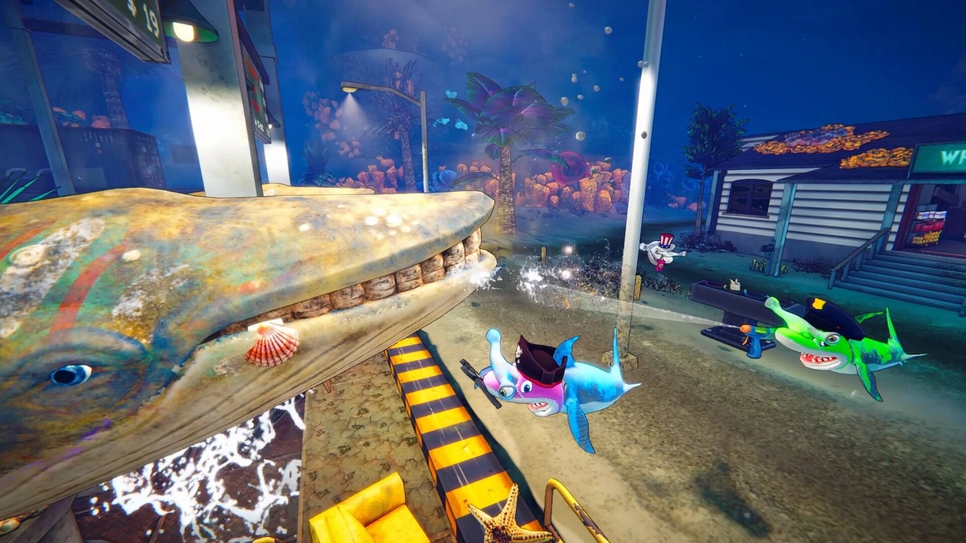 Shark Mart: Two dolphin-sharks swim past a huge whale at a flooded gas station and shopfront.