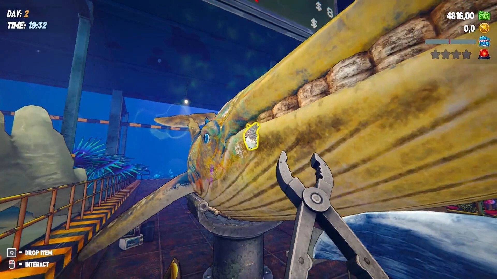 Shark Mart: Using pliers to scrub a whale on a platform in an underwater facility with HUD stats.