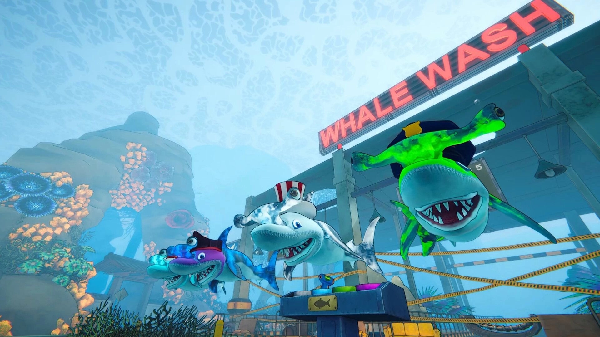 Shark Mart: Four costumed sharks pose underwater beside a WHALE WASH sign at a coral station.