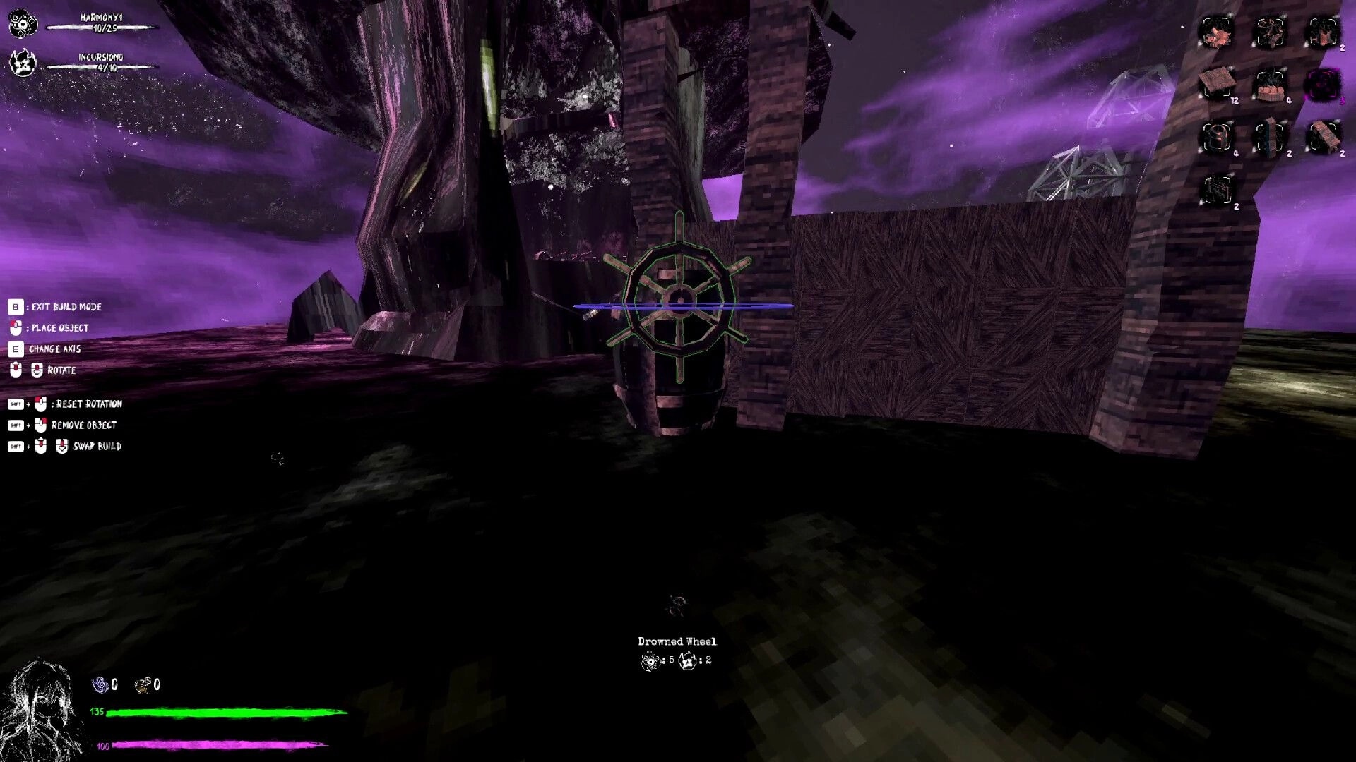 SHATTERFARMS: Build mode placing a Drowned Wheel on brick wall in a purple void landscape, UI visible.