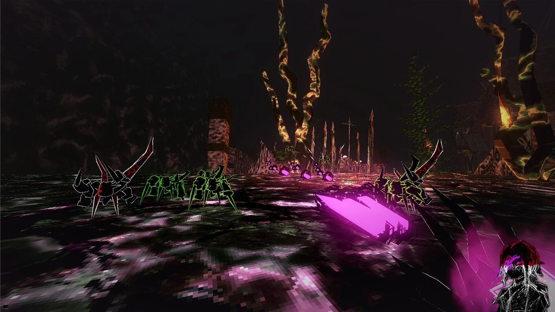 SHATTERFARMS: First-person fight with neon insect enemies on a dark, glitchy crystal swamp floor.
