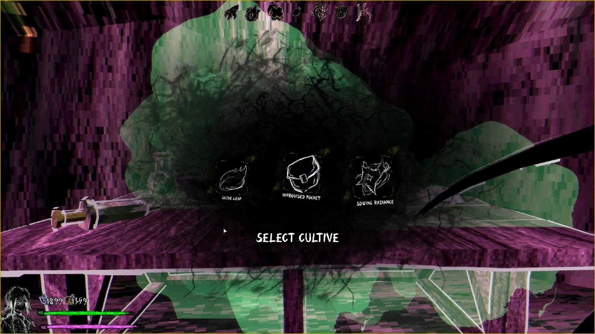 SHATTERFARMS: Select Cultive menu with Glide Leaf, Improvised Pocket, Sowing Radiance in purple cave.