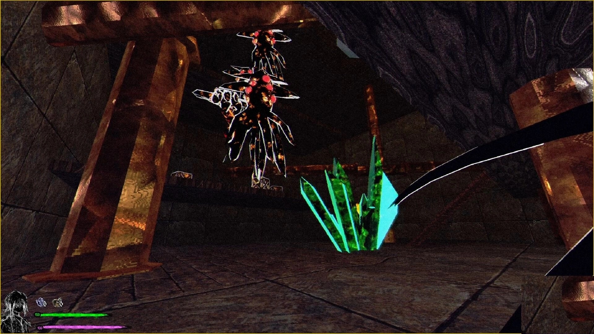 SHATTERFARMS: First-person view facing two flying insect foes in a dim stone chamber with green crystals.