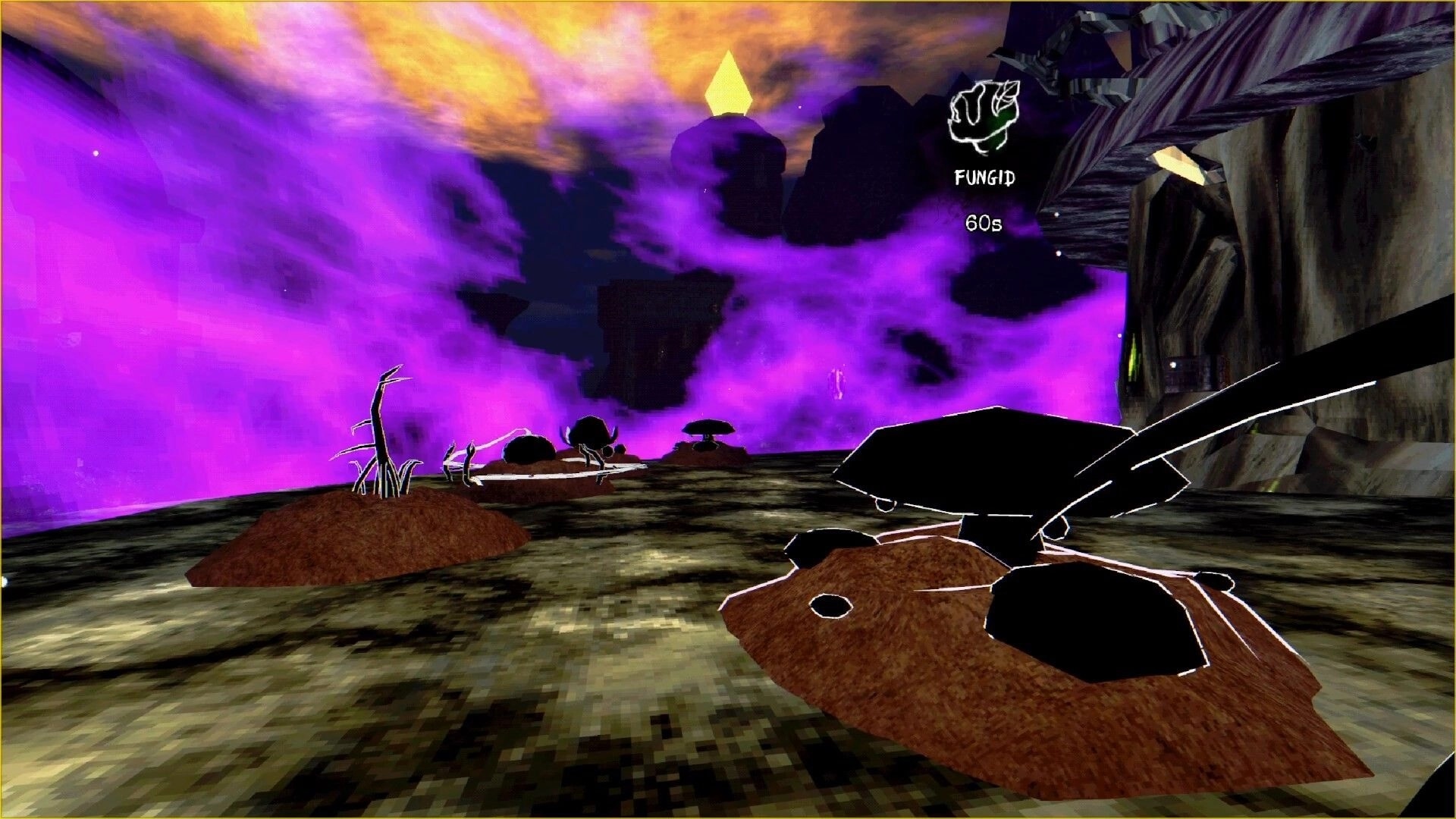 SHATTERFARMS: Foraging black mushrooms as purple fog rolls through a rocky field, Fungid 60s UI icon.