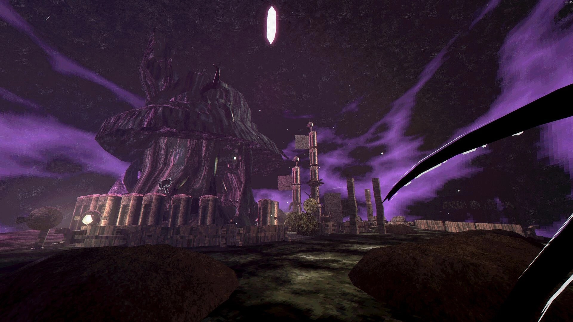 SHATTERFARMS: First-person view of a giant twisted tree structure under a purple stormy sky.