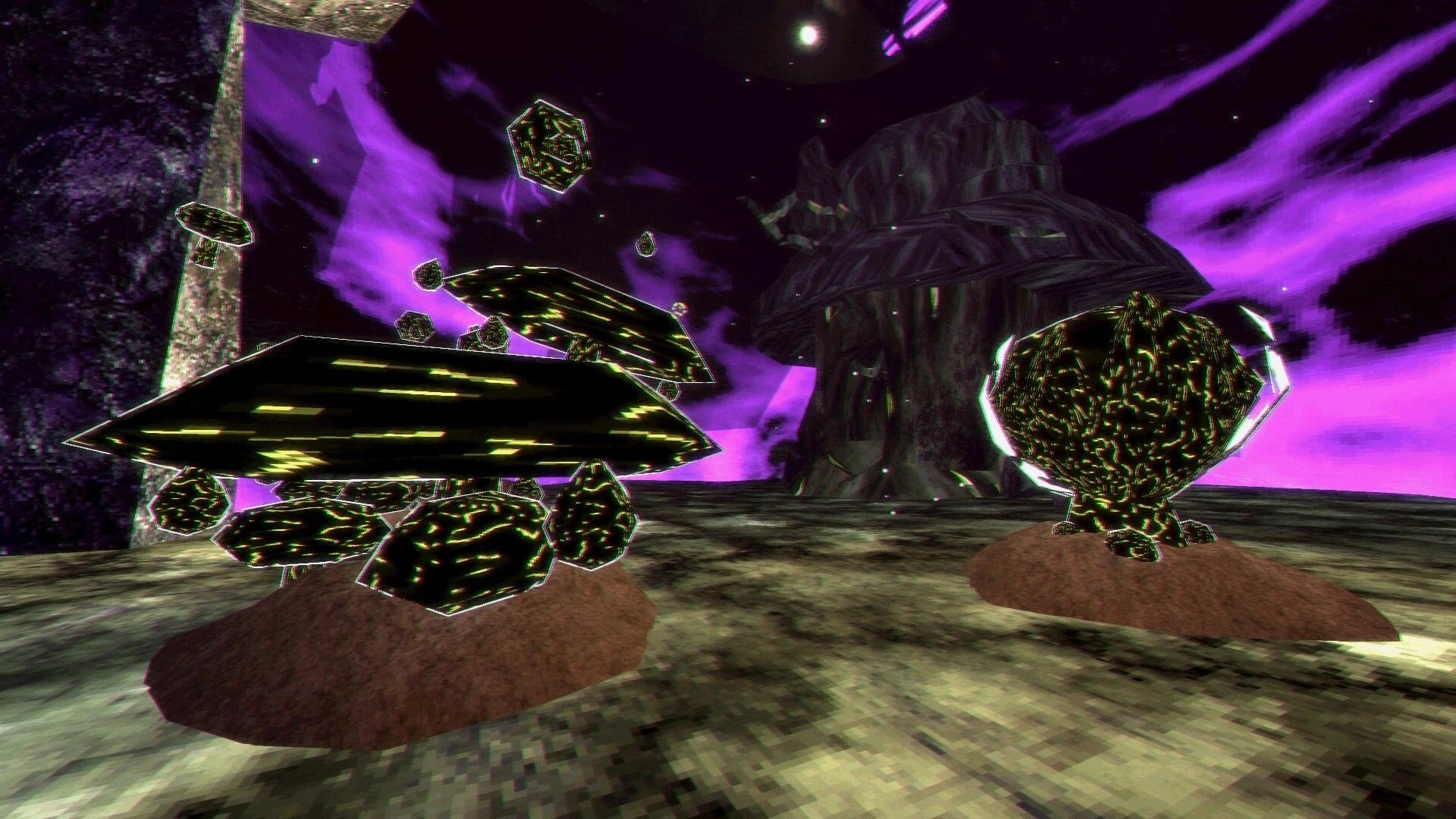 SHATTERFARMS: Glowing black-green crystal plants sprout from soil under a purple storm sky in ruins.