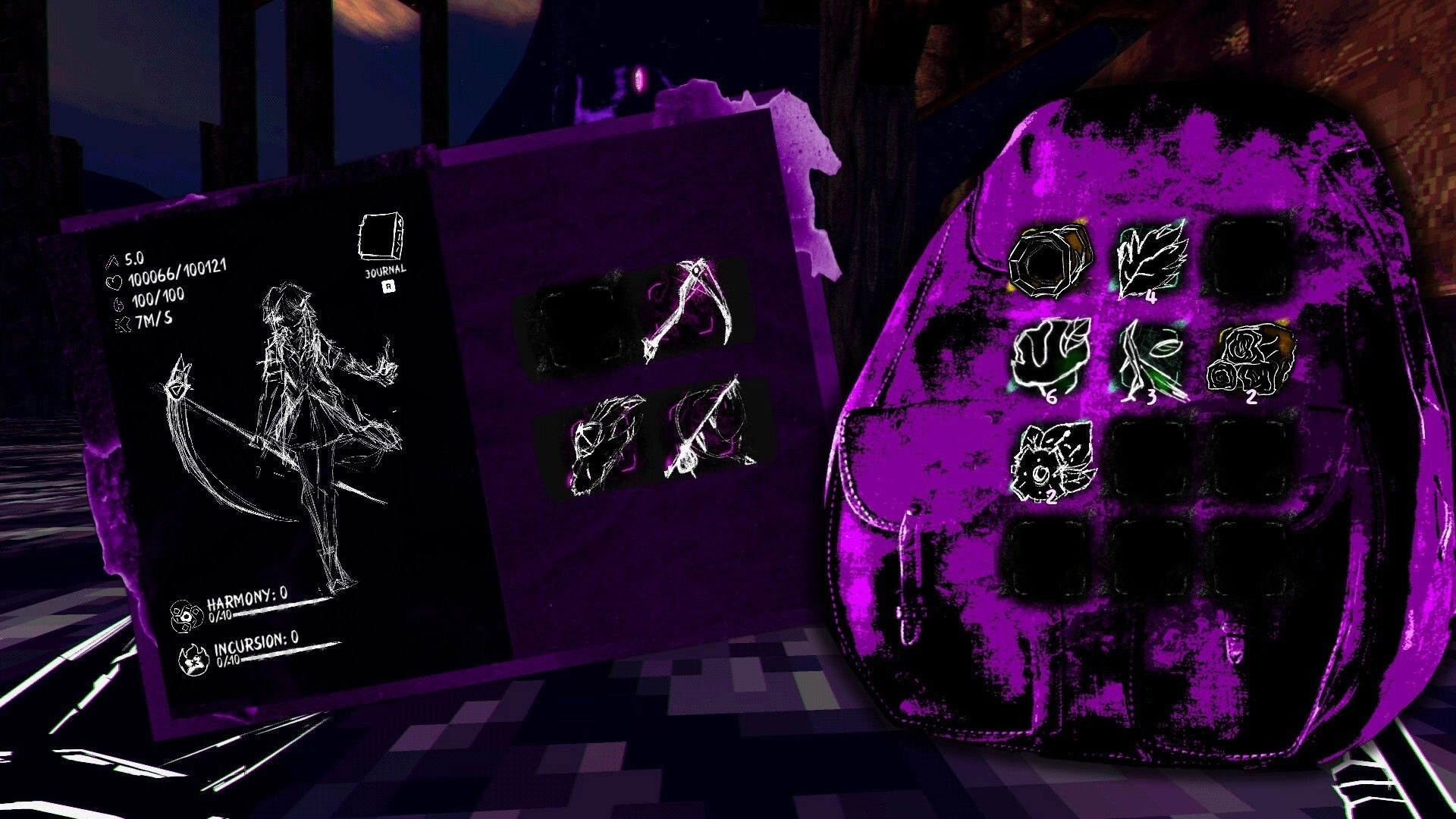 SHATTERFARMS: Inventory and journal UI with purple backpack slots and stats in a dark room.