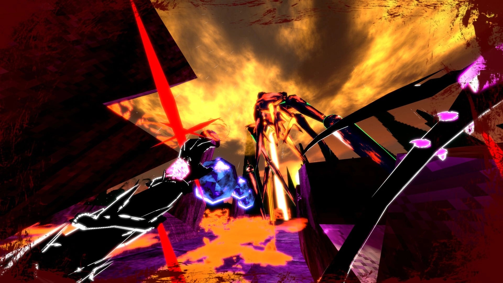SHATTERFARMS: First-person combat with glowing blade striking a towering creature under fiery skies.