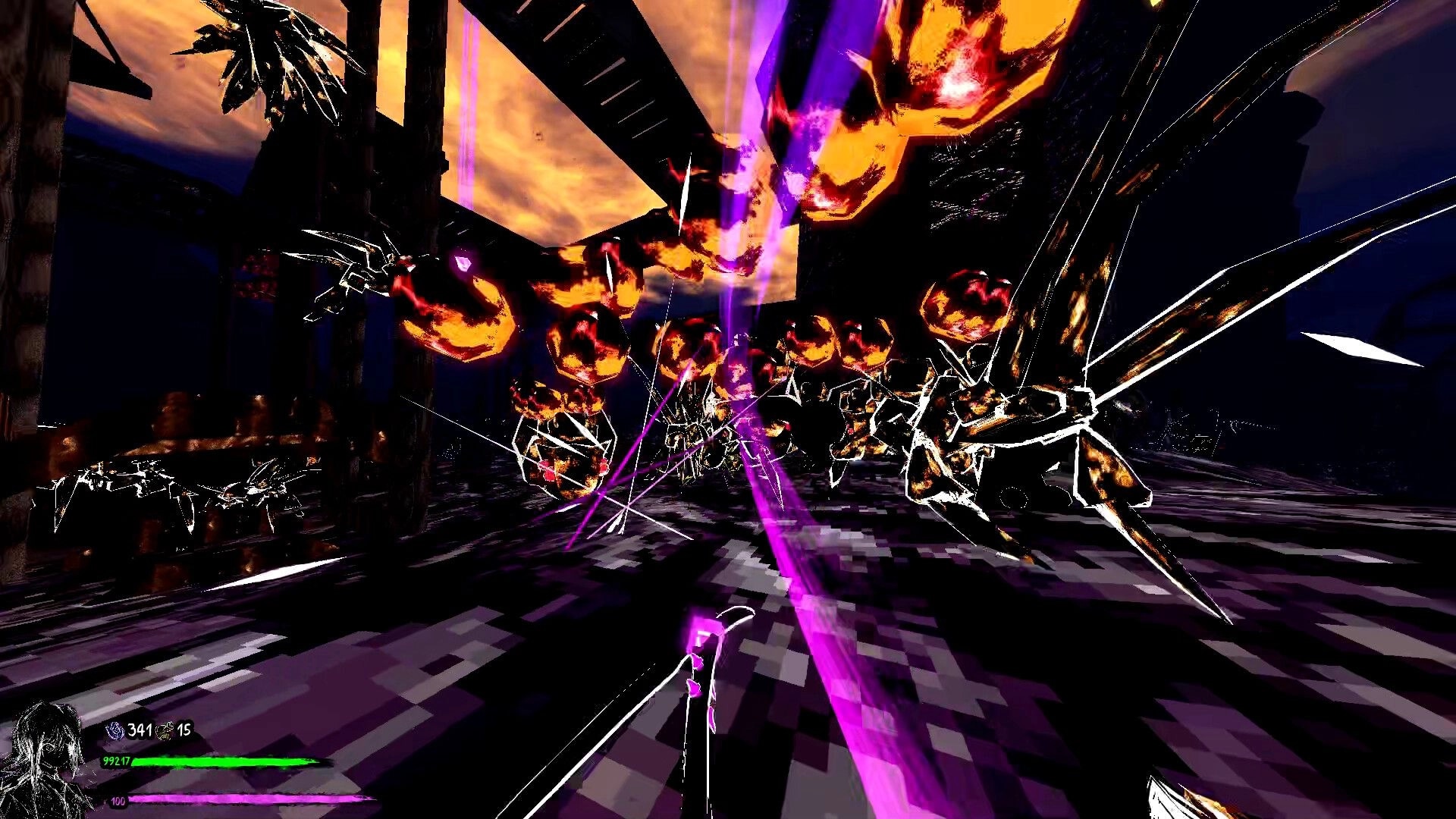 SHATTERFARMS: First-person combat firing purple beam at swarming fiery crystal foes in dark ruins.