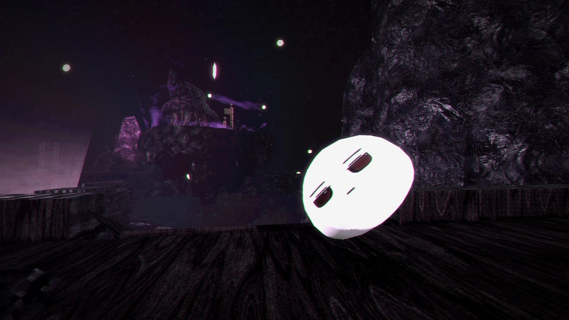 SHATTERFARMS: Glowing white spirit orb hovers near a wooden platform in a dark rocky cavern.