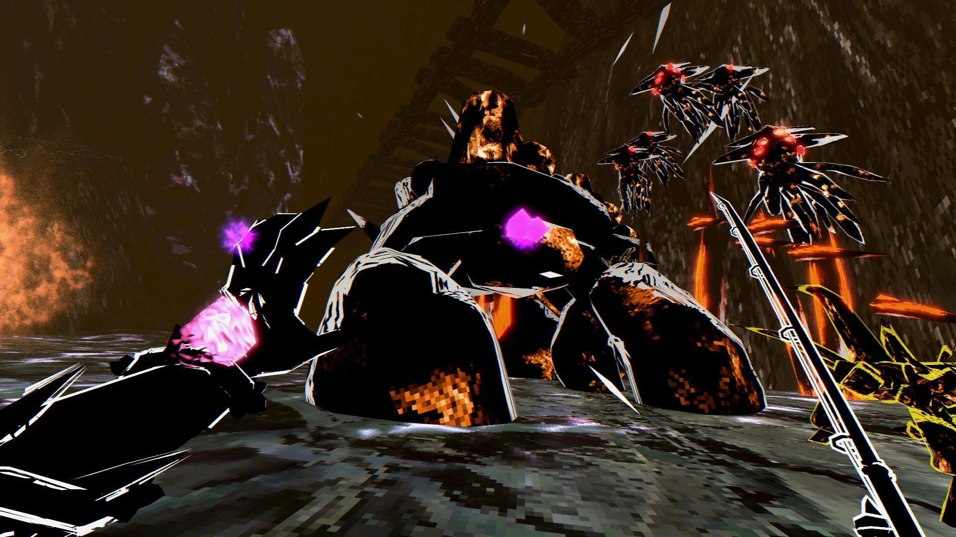 SHATTERFARMS: First-person battle with a rock beast and flying drones in a dark cavern corridor.