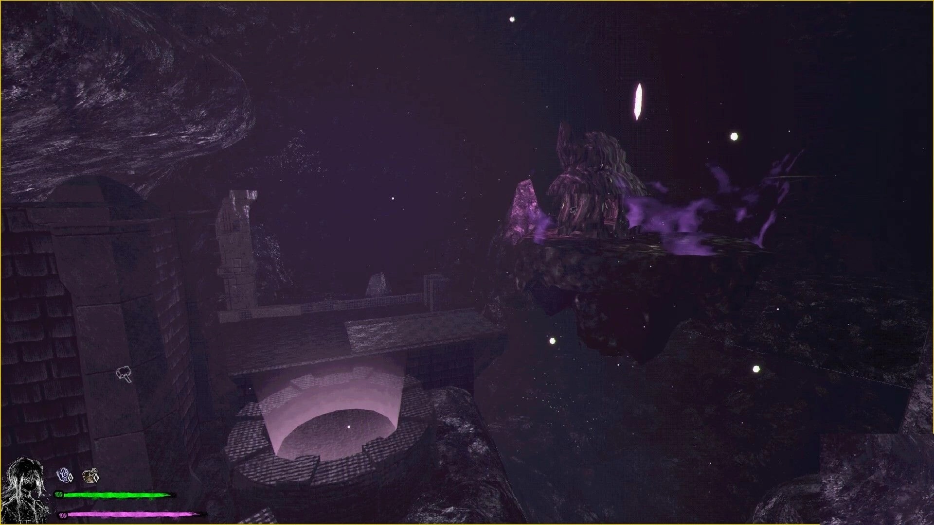 SHATTERFARMS: Purple void landscape with floating ruins and a glowing portal, HUD health bars visible.