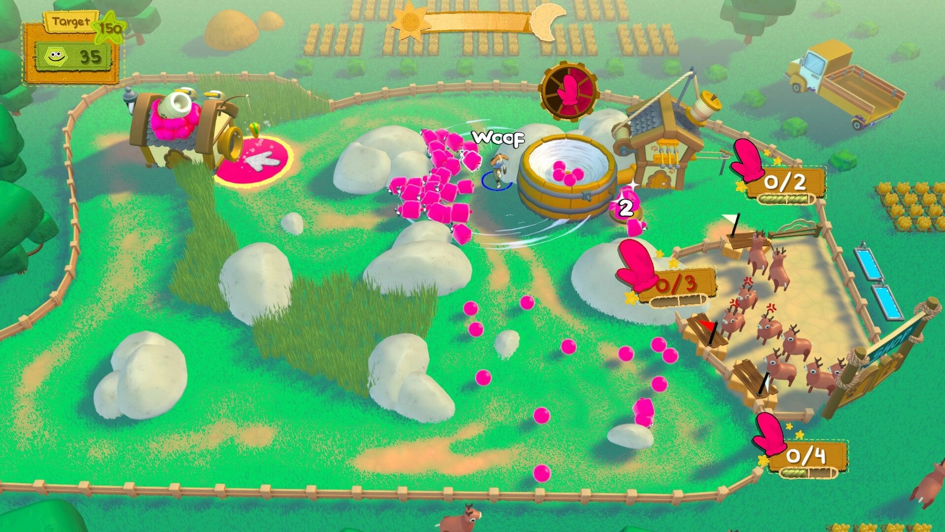 Sheep & Socks: Dog herds pink sheep into a spinning vat, with target score and mitten counters on farm map.