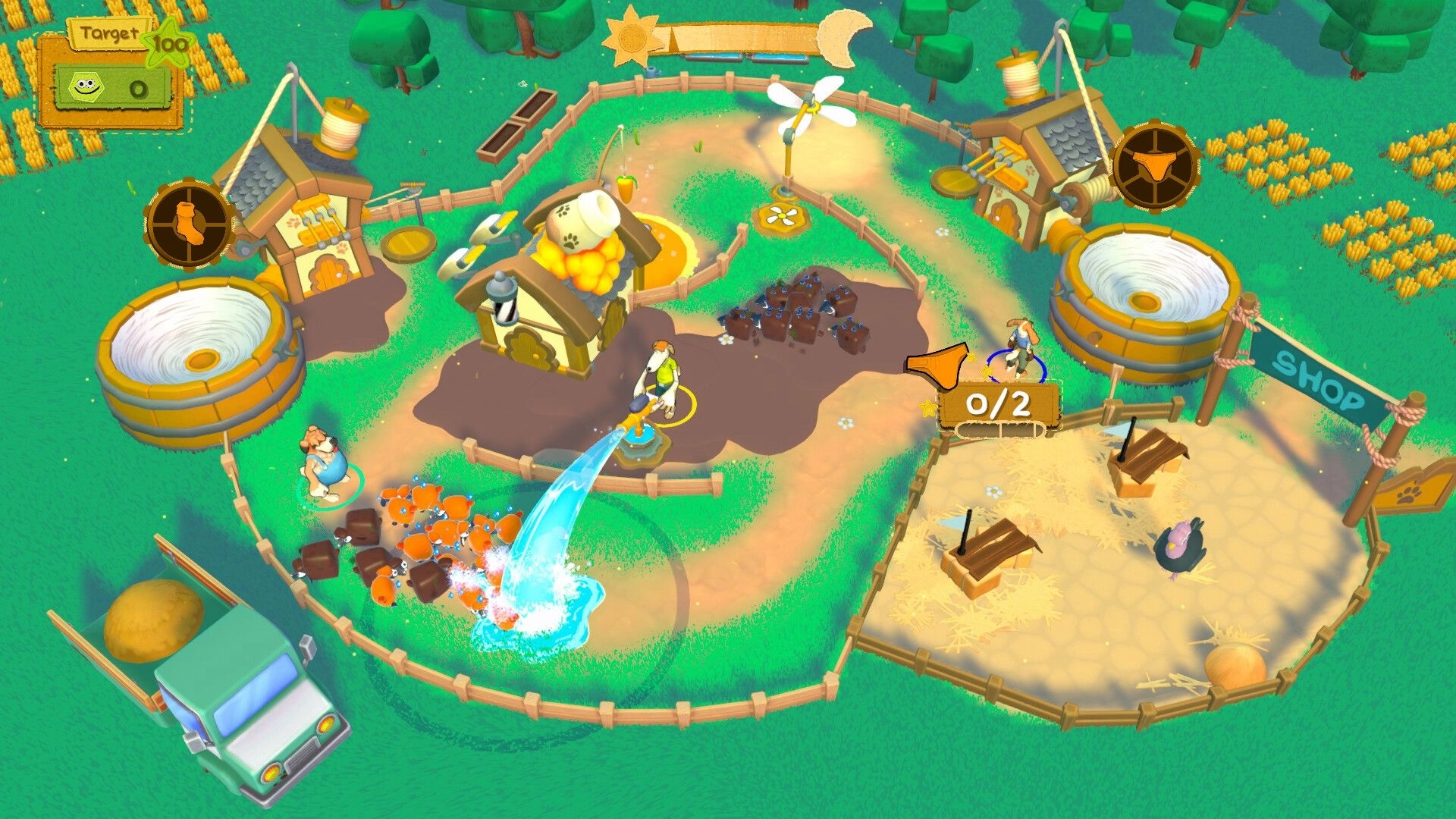 Sheep & Socks: Two players herd sheep and spray water in a fenced farm yard with target UI and shop pen.