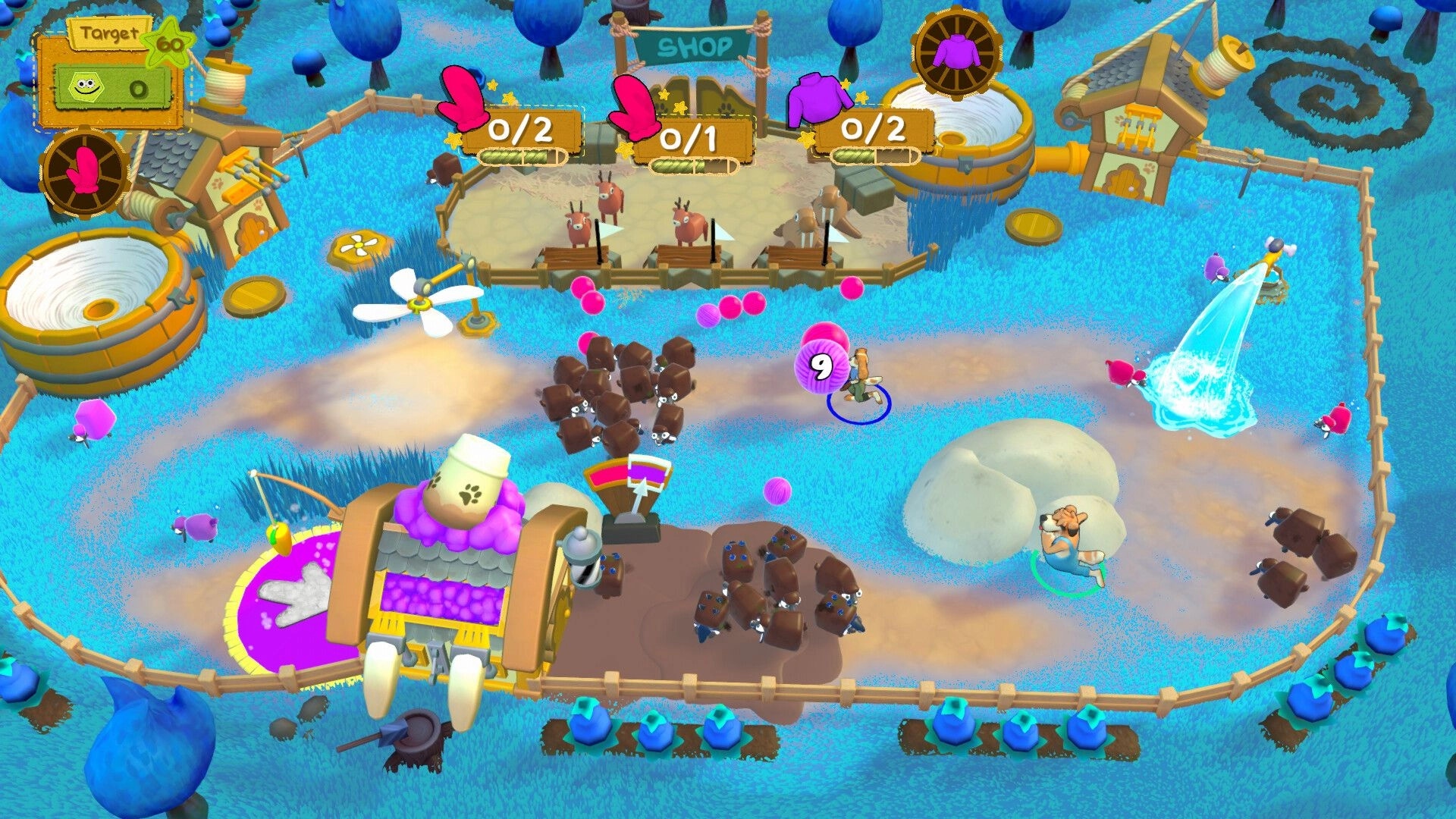 Sheep & Socks: Players herd sheep and yarn balls past machines in a fenced blue pasture with shop UI.