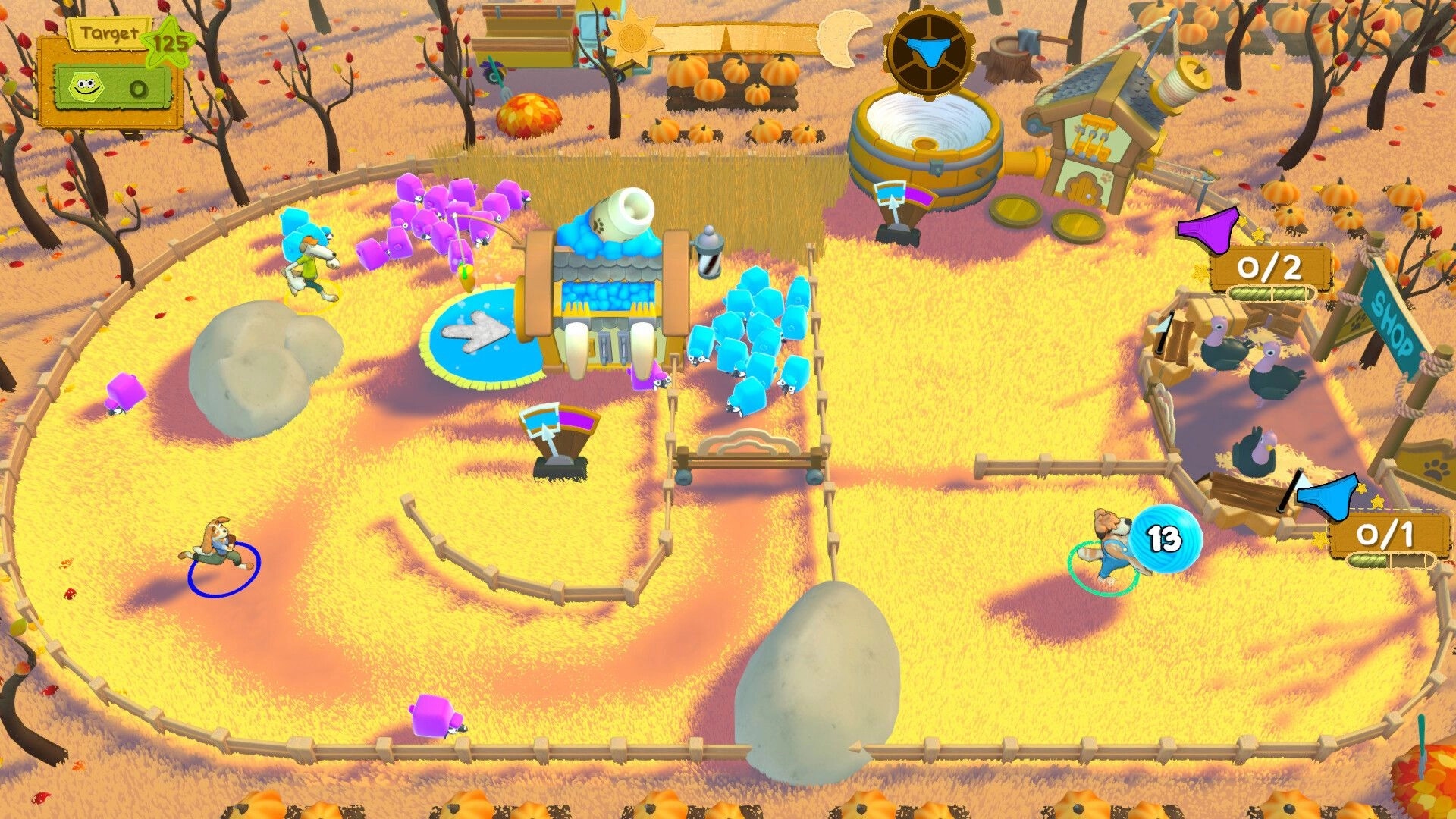 Sheep & Socks: Two dogs herd blue and purple sheep past a wool machine in a fenced farmyard UI targets visible.