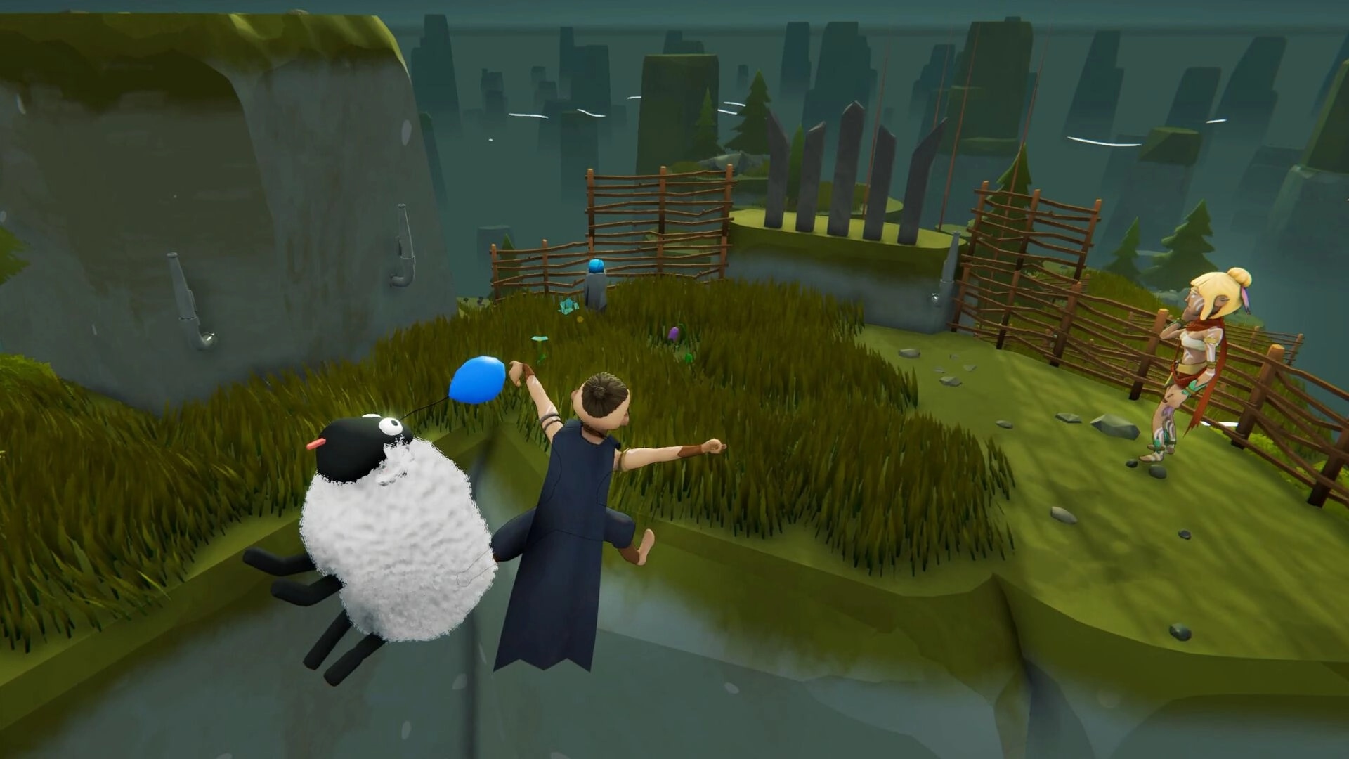 Sheep Sweep: Player leaps with sheep over a cliff in grassy area, while character stands near fence.