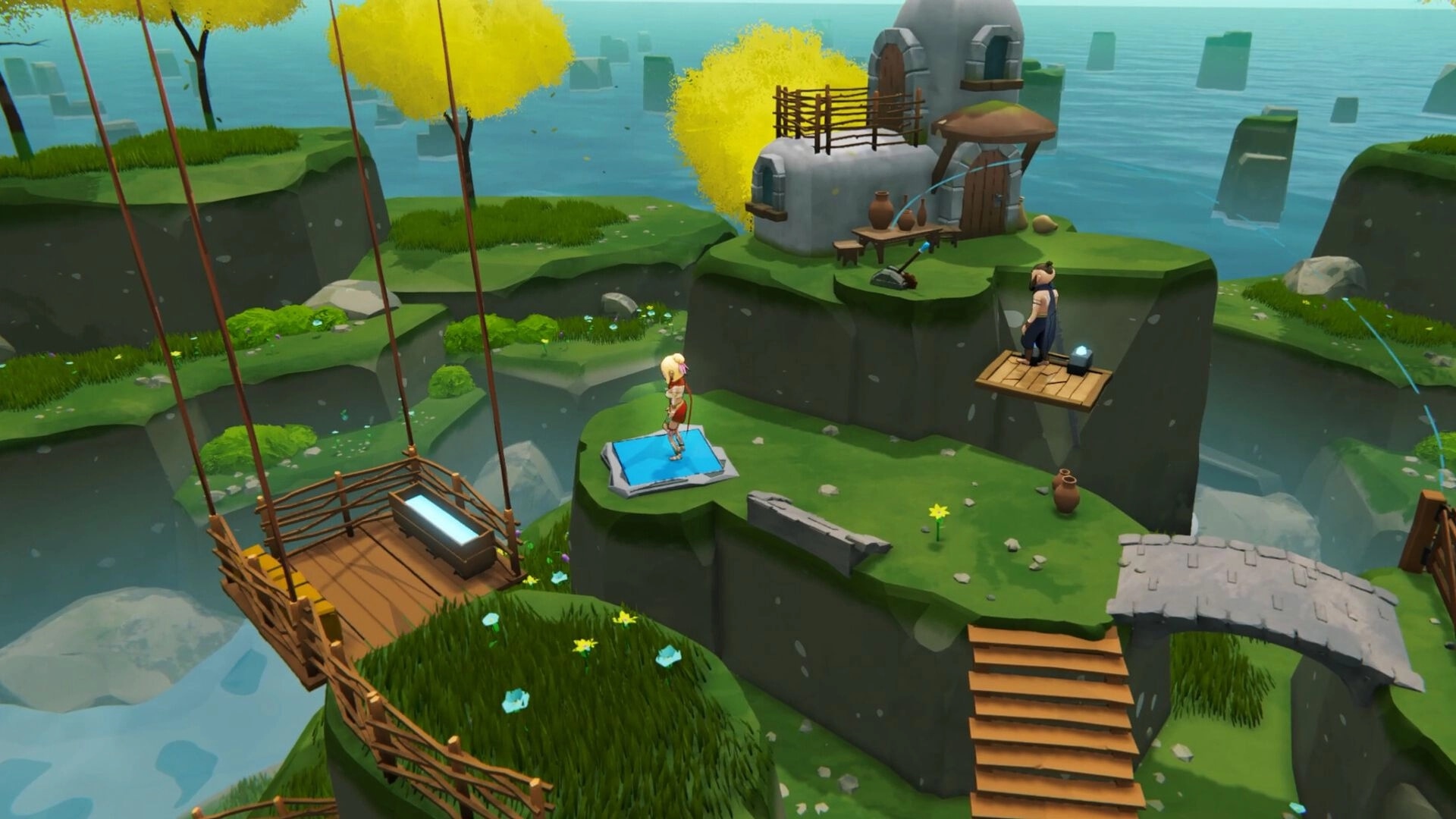 Sheep Sweep: Two characters on platforms solving puzzles in a vibrant island landscape with a house.