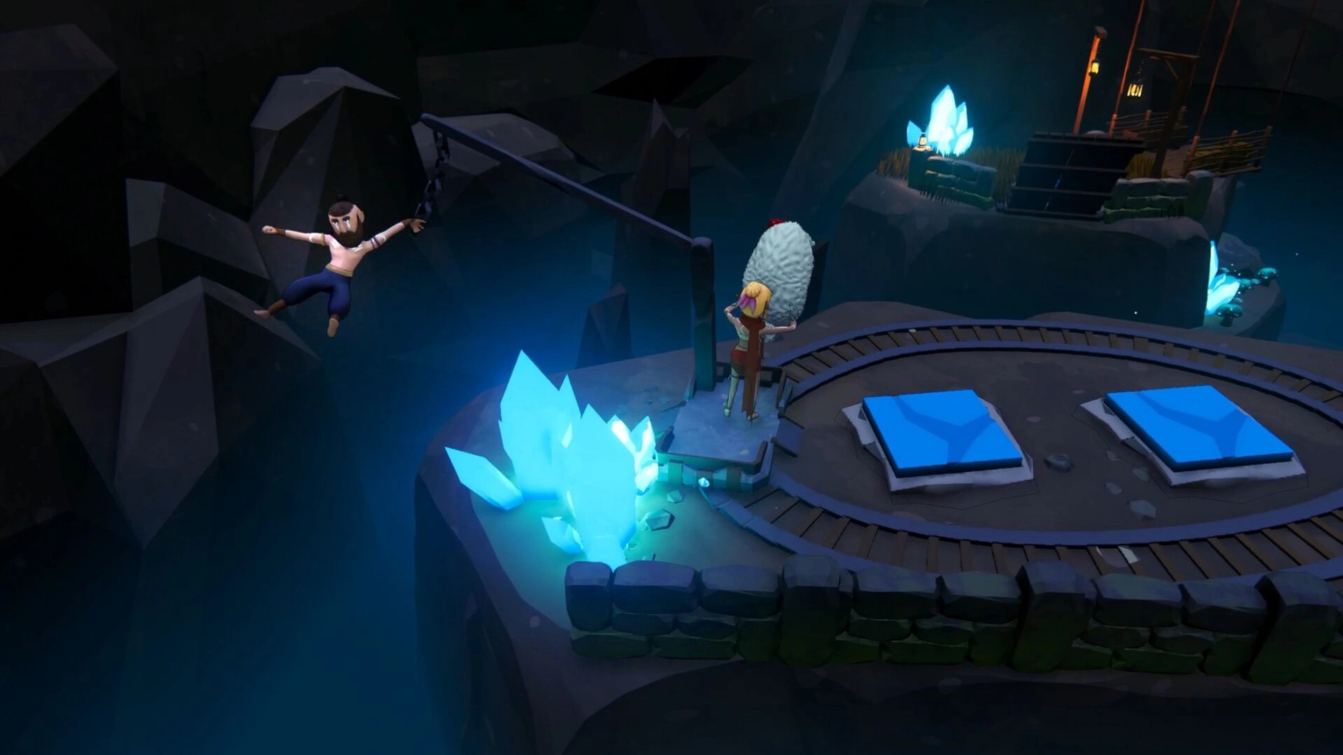 Sheep Sweep: Character swings on chain while another guides sheep beside glowing crystals on cliff edge