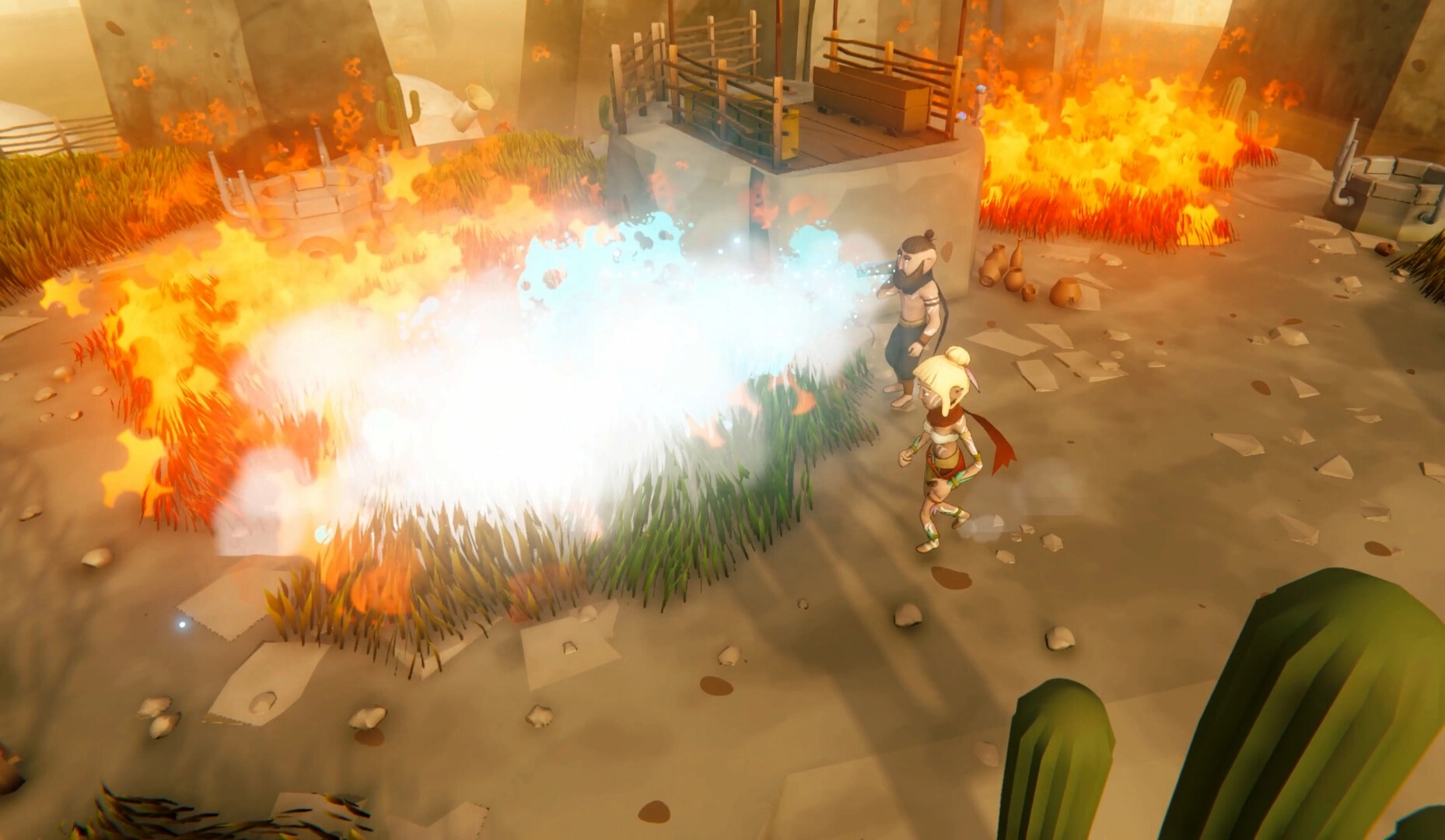 Sheep Sweep: Two characters extinguish raging grass fire using water in a sunlit desert environment.