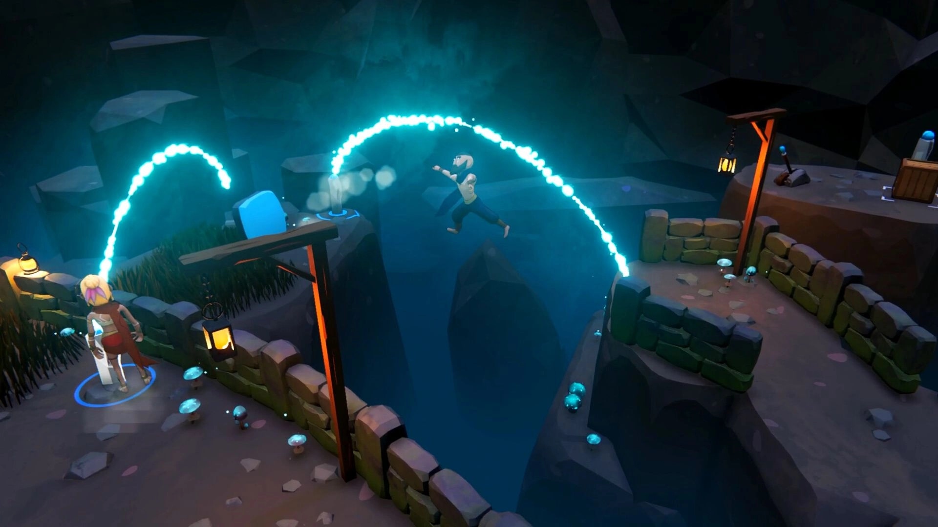 Sheep Sweep: Character jumps across glowing energy beam between rocky platforms in dark cave environment