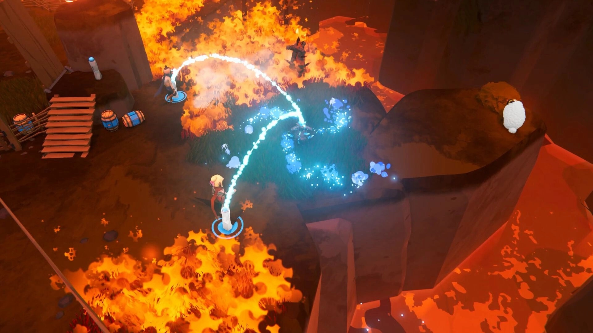 Sheep Sweep: Players use water hoses to extinguish flames on cliffside, rescuing sheep from danger