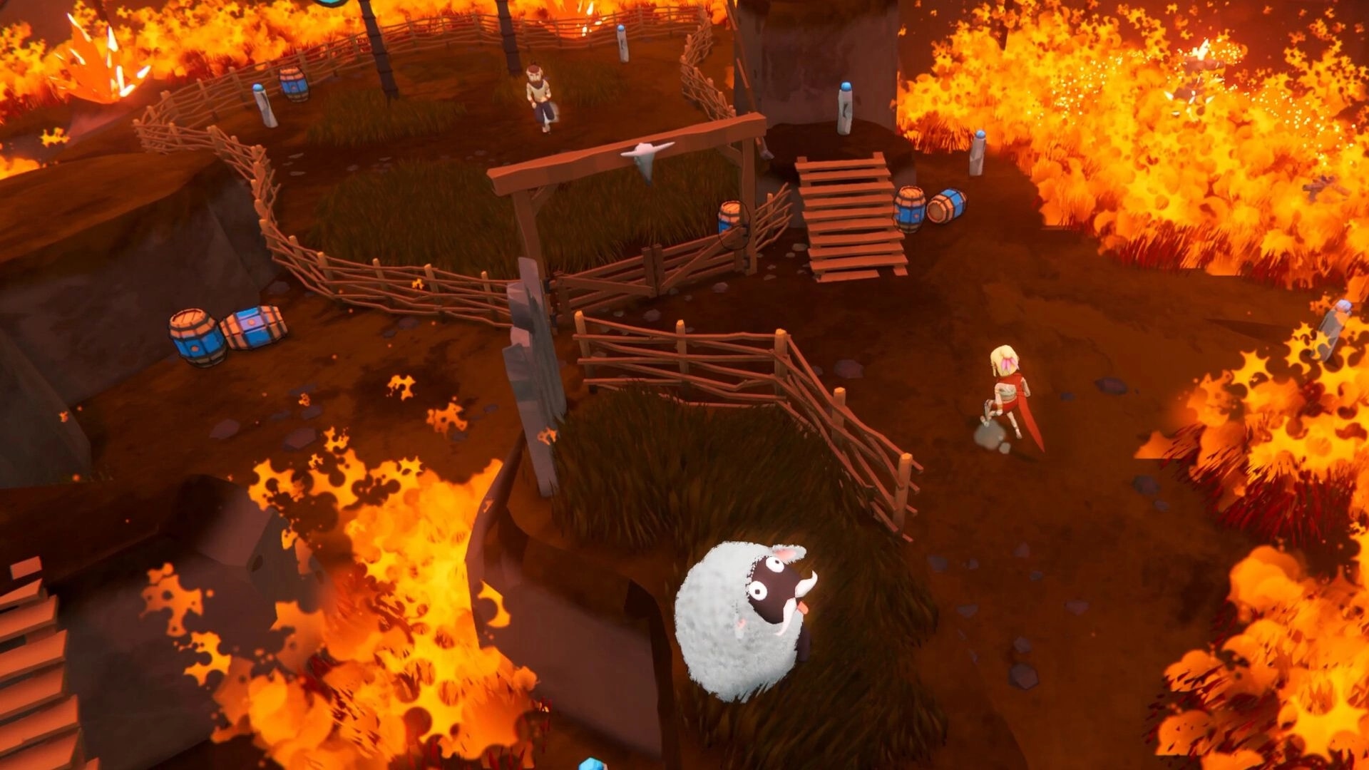 Sheep Sweep: Player navigates burning field to rescue sheep, avoiding fire and collecting barrels.