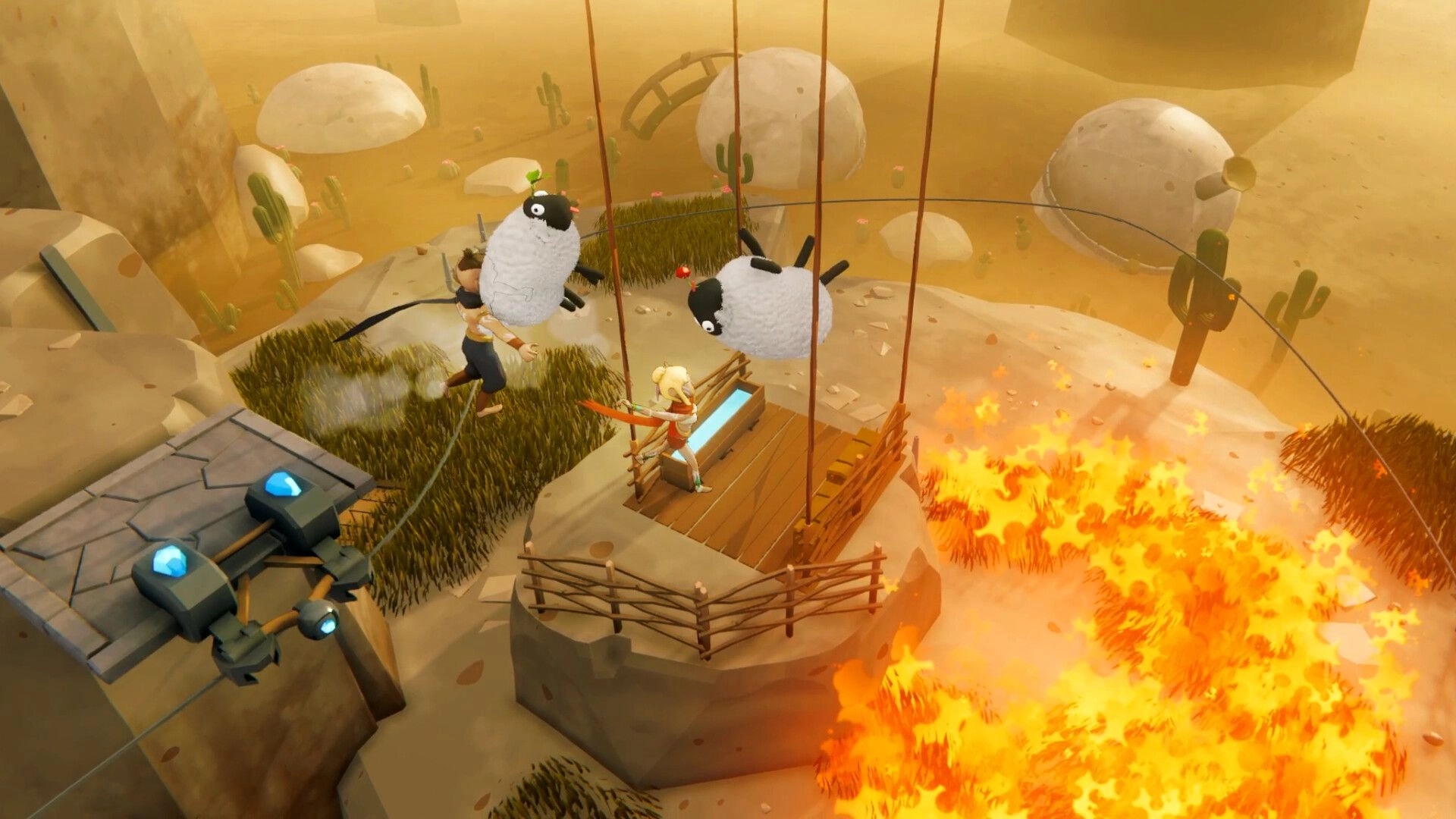 Sheep Sweep: Player navigating desert cliff with two sheep on a lift, avoiding spreading fire below