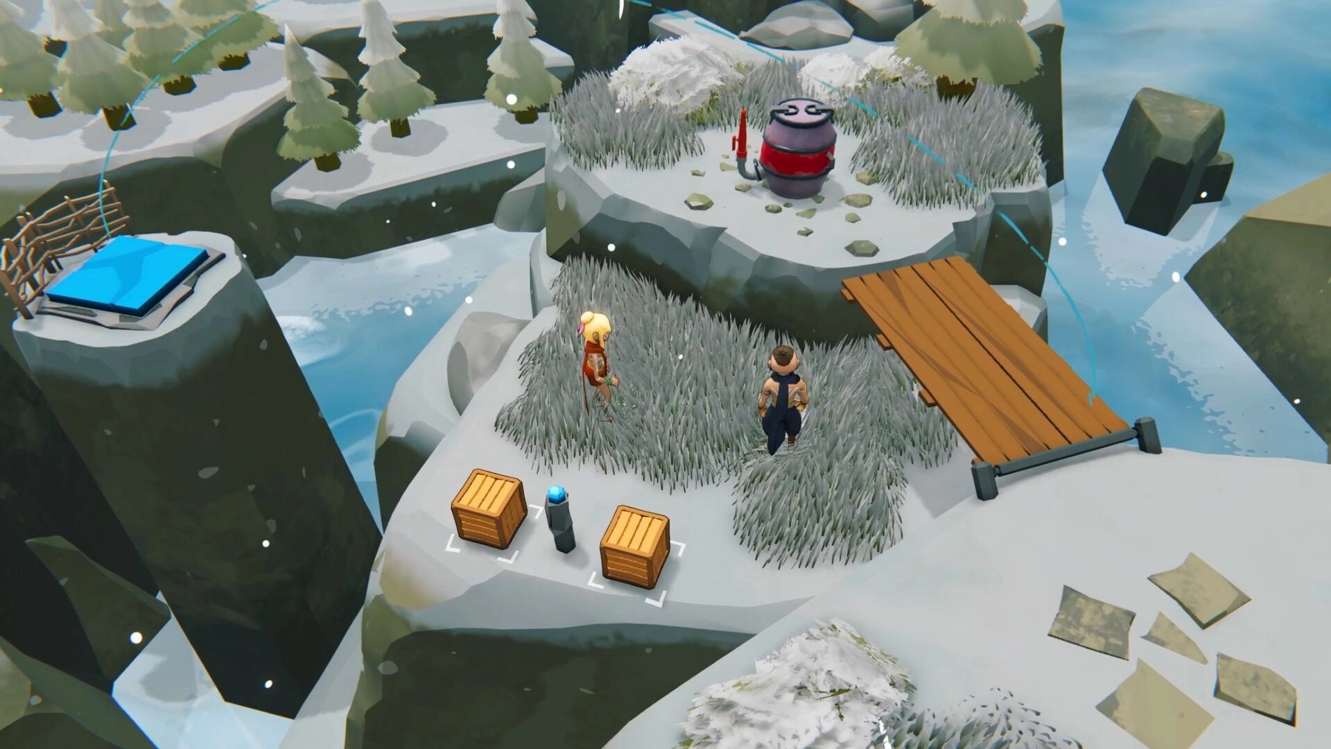 Sheep Sweep: Two characters strategize near crates and a cauldron on a snowy cliff with a wooden bridge.