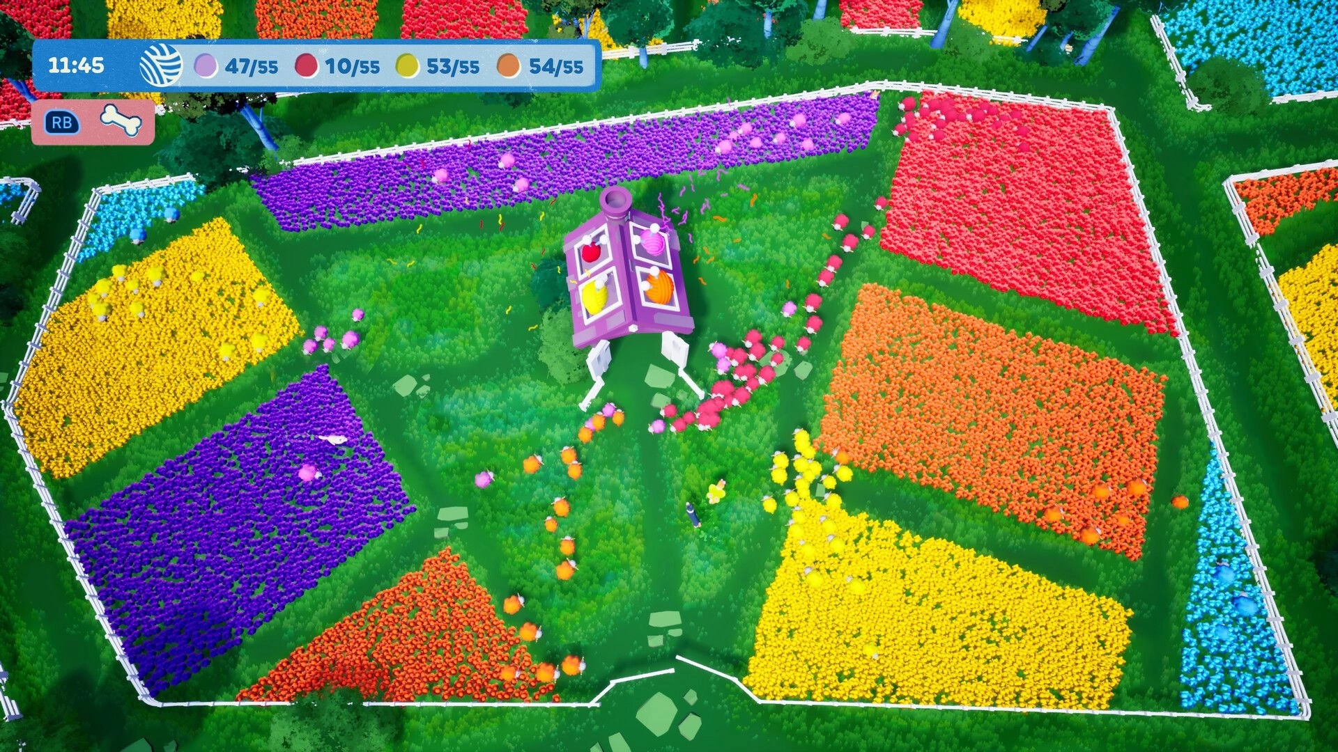 Sheepherds!: Overhead view of colorful sheep being herded through vibrant flower fields with score display.