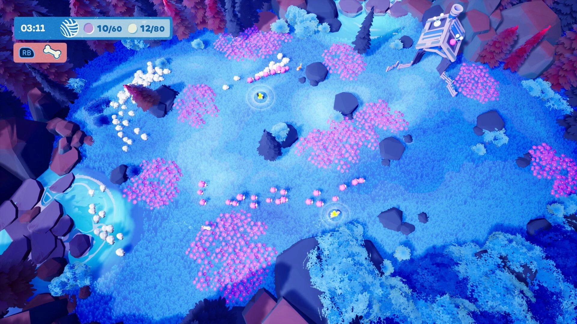 Sheepherds!: Guide sheep through a colorful meadow with pink flowers and trees, avoiding rocky obstacles.