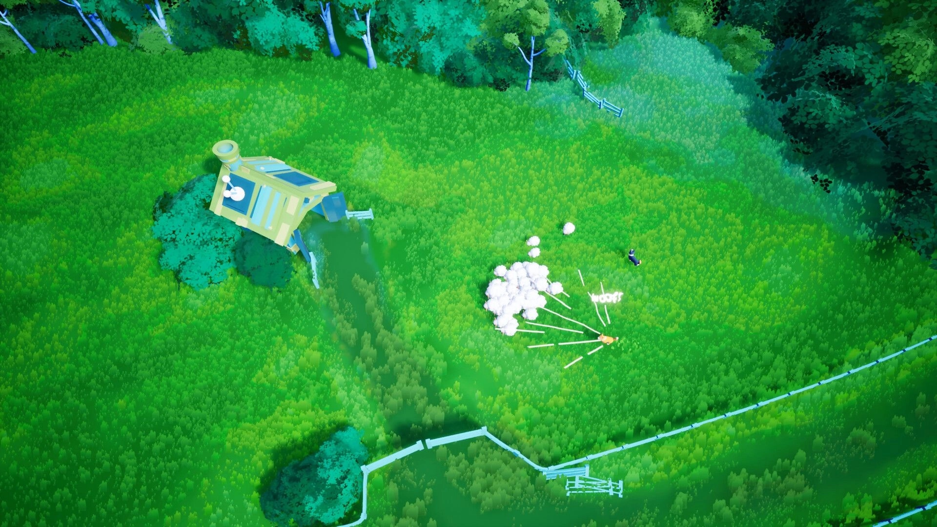 Sheepherds!: Sheepdog herding flock near a cozy house in a lush green meadow with scattered trees.