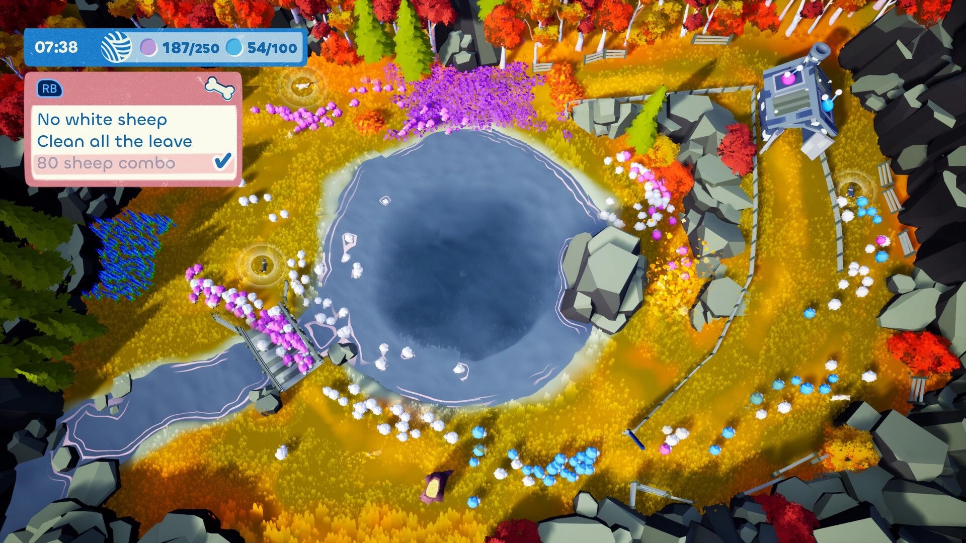 Sheepherds!: Overhead view of colorful sheep flocks around a pond with task list and timer on screen
