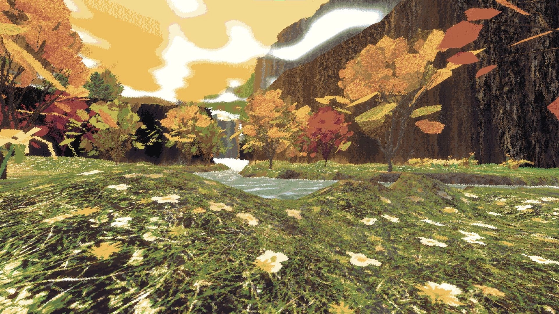 Sheeps: Vibrant autumn landscape with a flowing river surrounded by colorful trees and grassy hills.