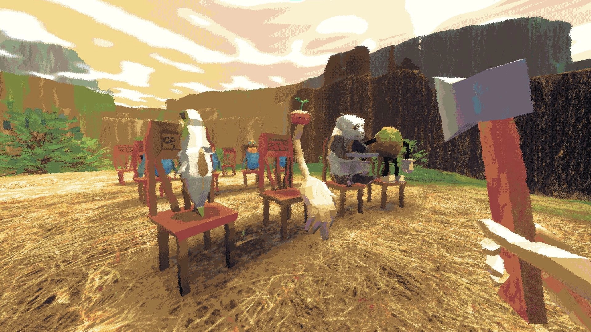 Sheeps: Player holds axe near group of sheep sitting on chairs in a sunlit open field surrounded by cliffs.